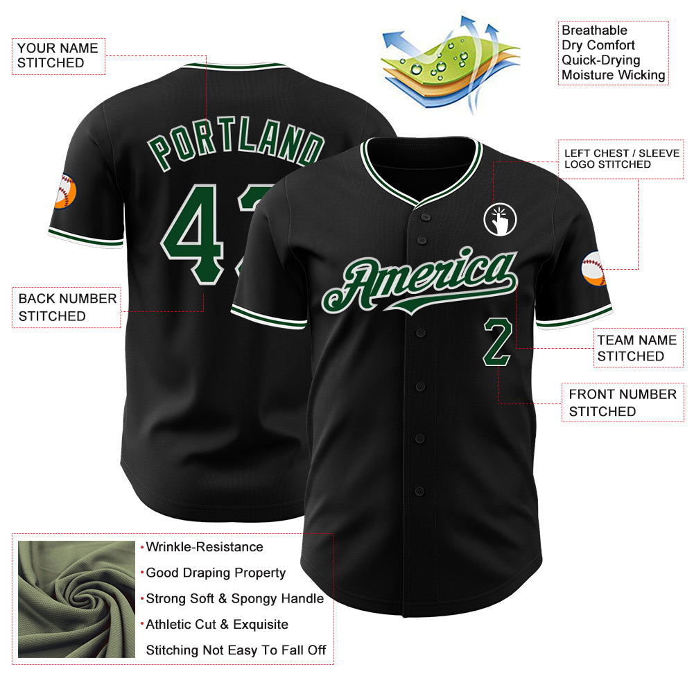 Custom Black Green-White Authentic Baseball Jersey view 3