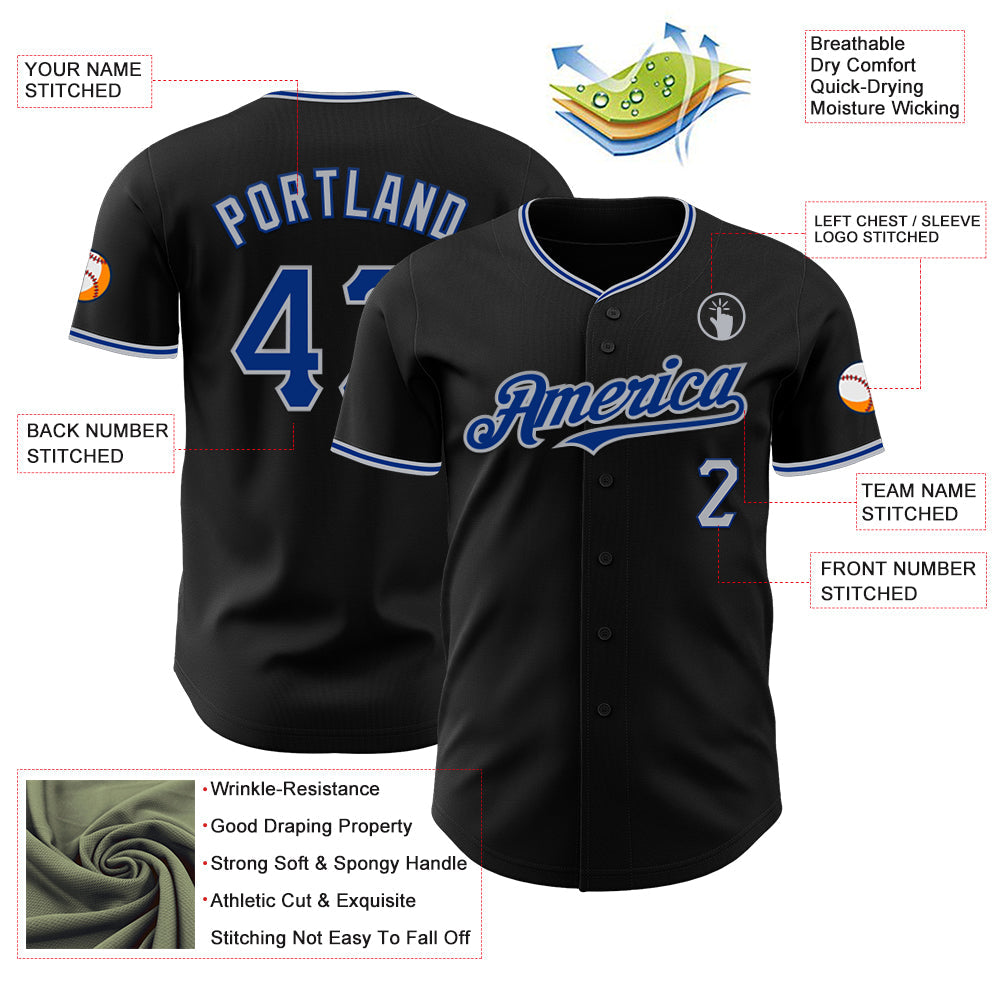 Custom Black Royal-Gray Authentic Baseball Jersey view 3