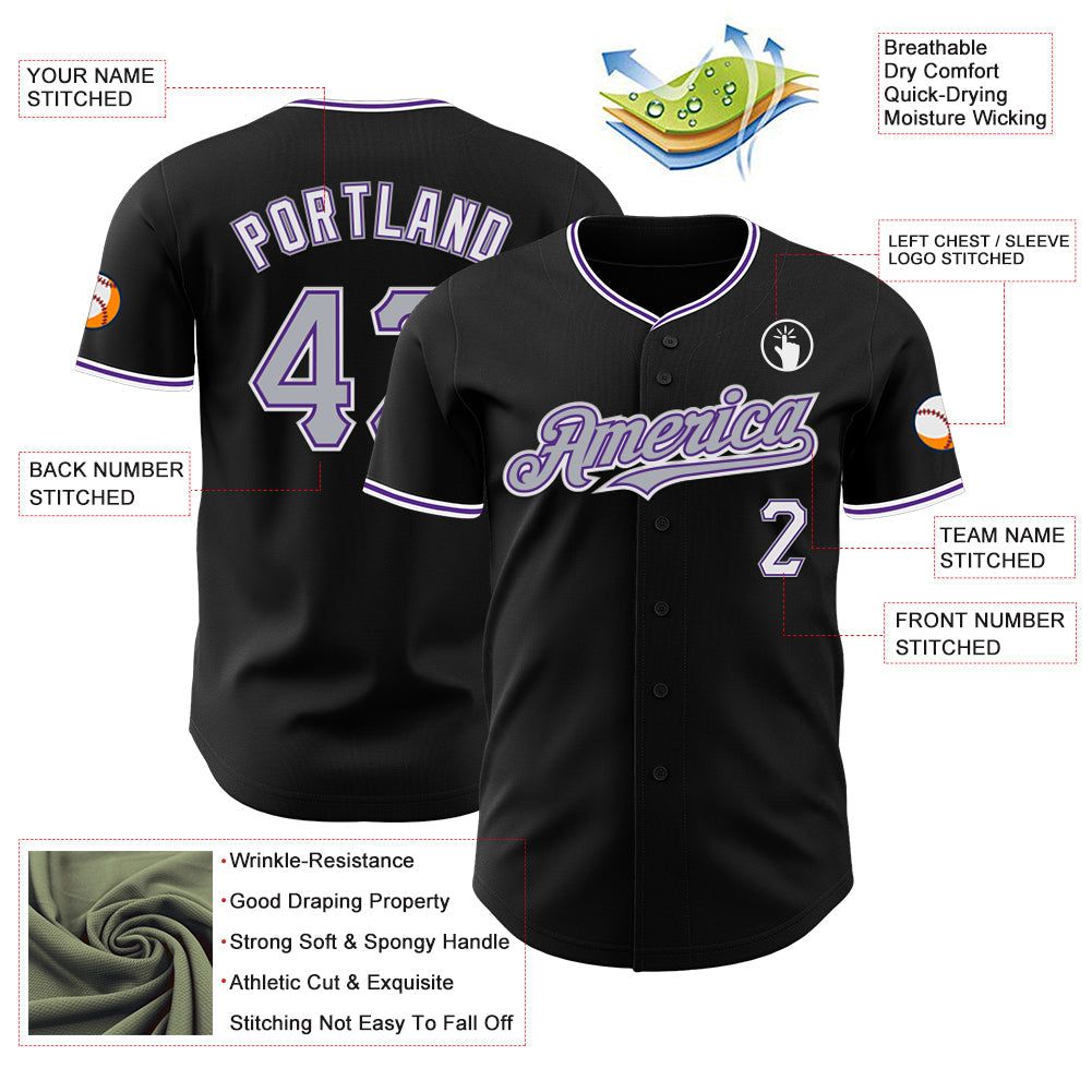 Custom Black Gray Purple-White Authentic Baseball Jersey view 3