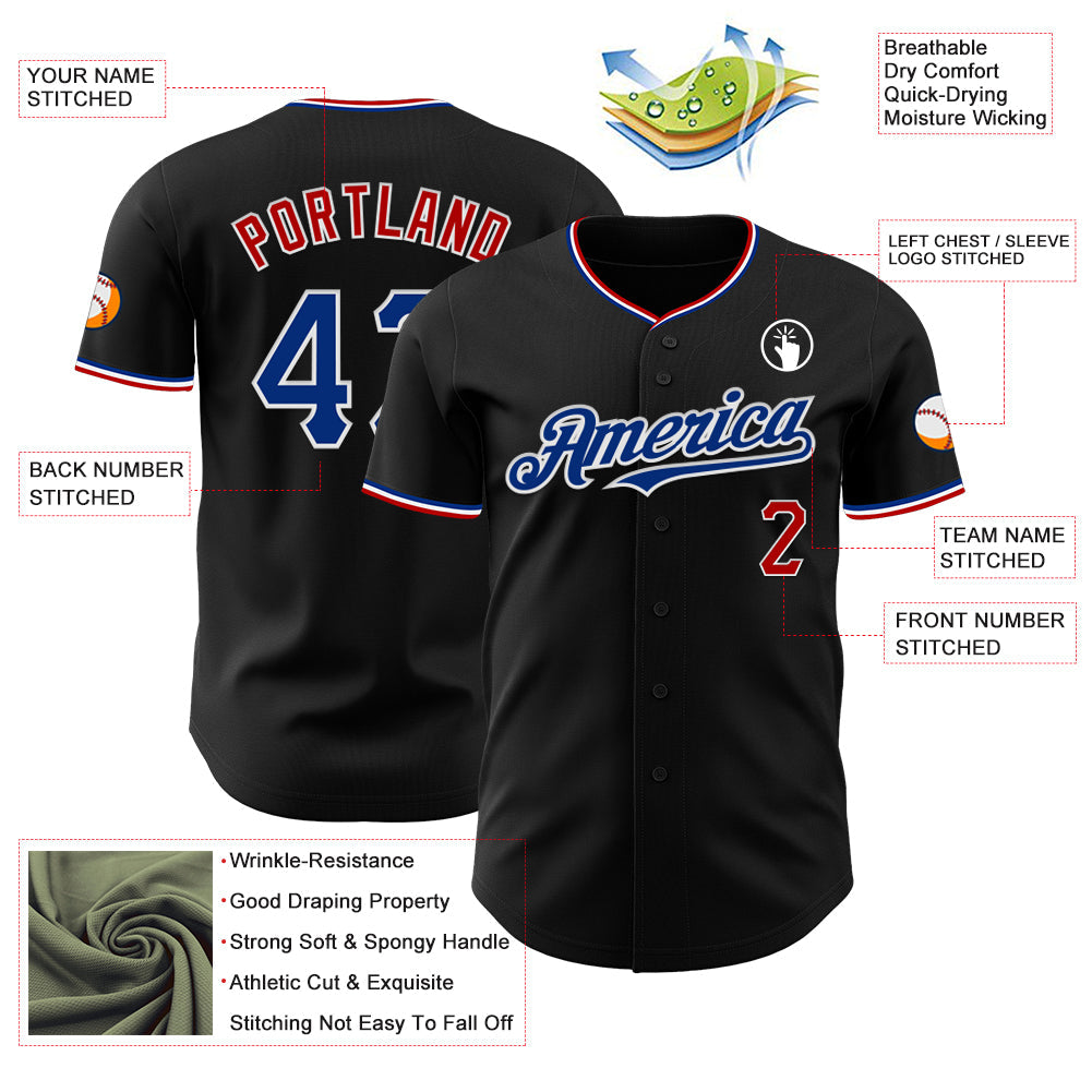 Custom Black Royal Red-White Authentic Baseball Jersey view 3