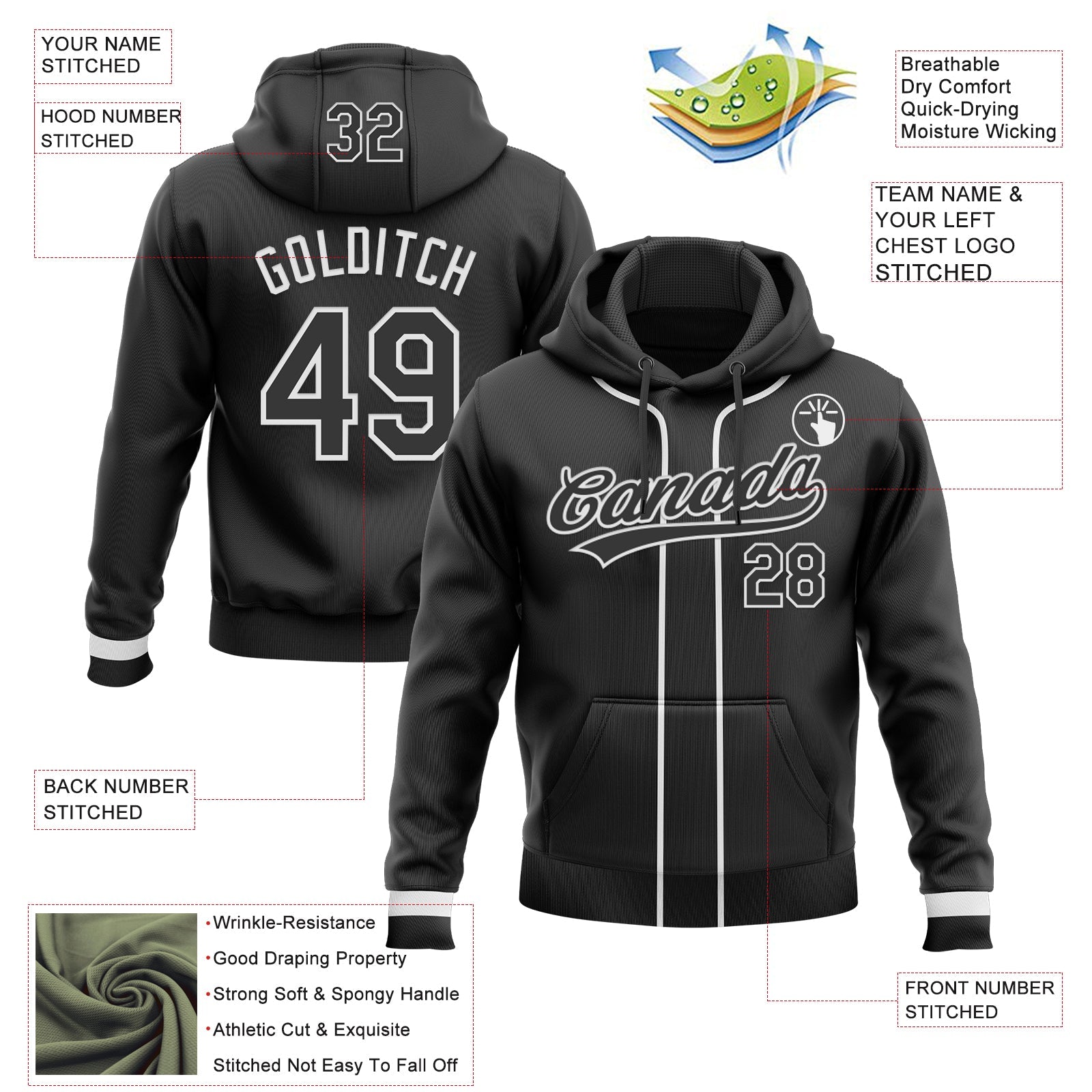 Custom Stitched Black White Baseball Pullover Sweatshirt Hoodie view 2