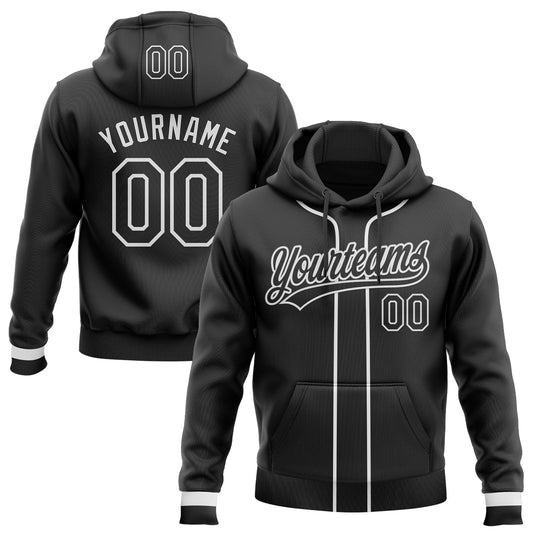 Custom Stitched Black White Baseball Pullover Sweatshirt Hoodie - Main View