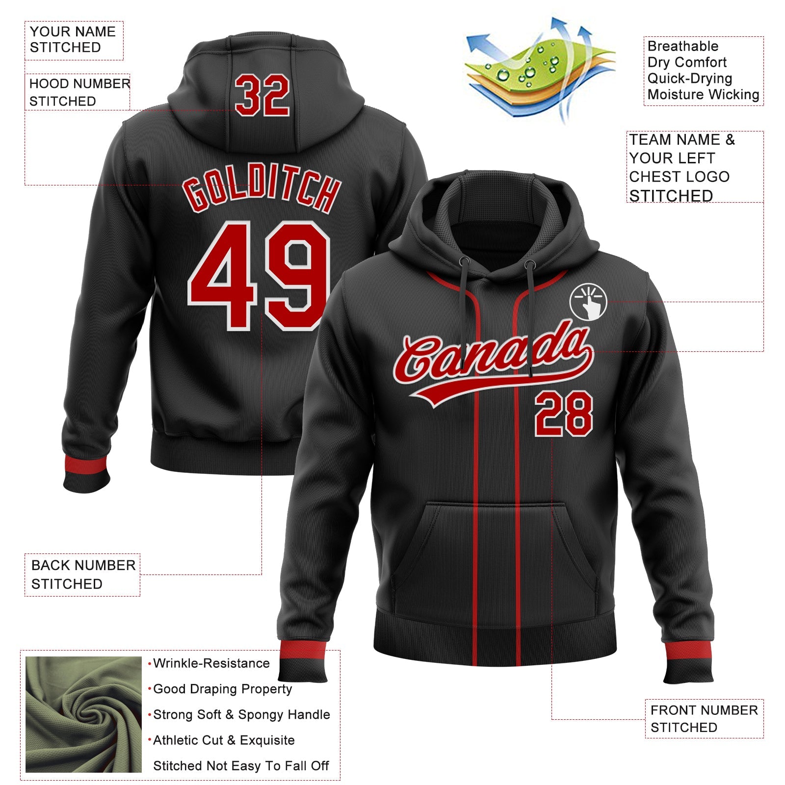 Custom Stitched Black Red-White Baseball Pullover Sweatshirt Hoodie view 2