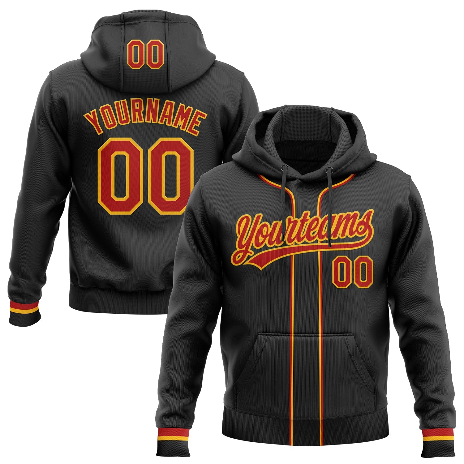 Custom Stitched Black Red-Gold Baseball Pullover Sweatshirt Hoodie - Main View