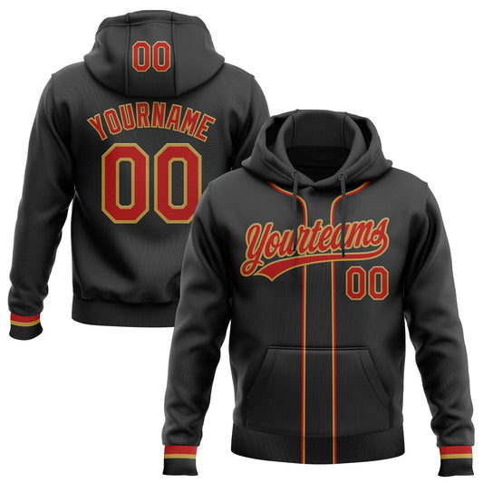 Custom Stitched Black Red-Old Gold Baseball Pullover Sweatshirt Hoodie - Main View