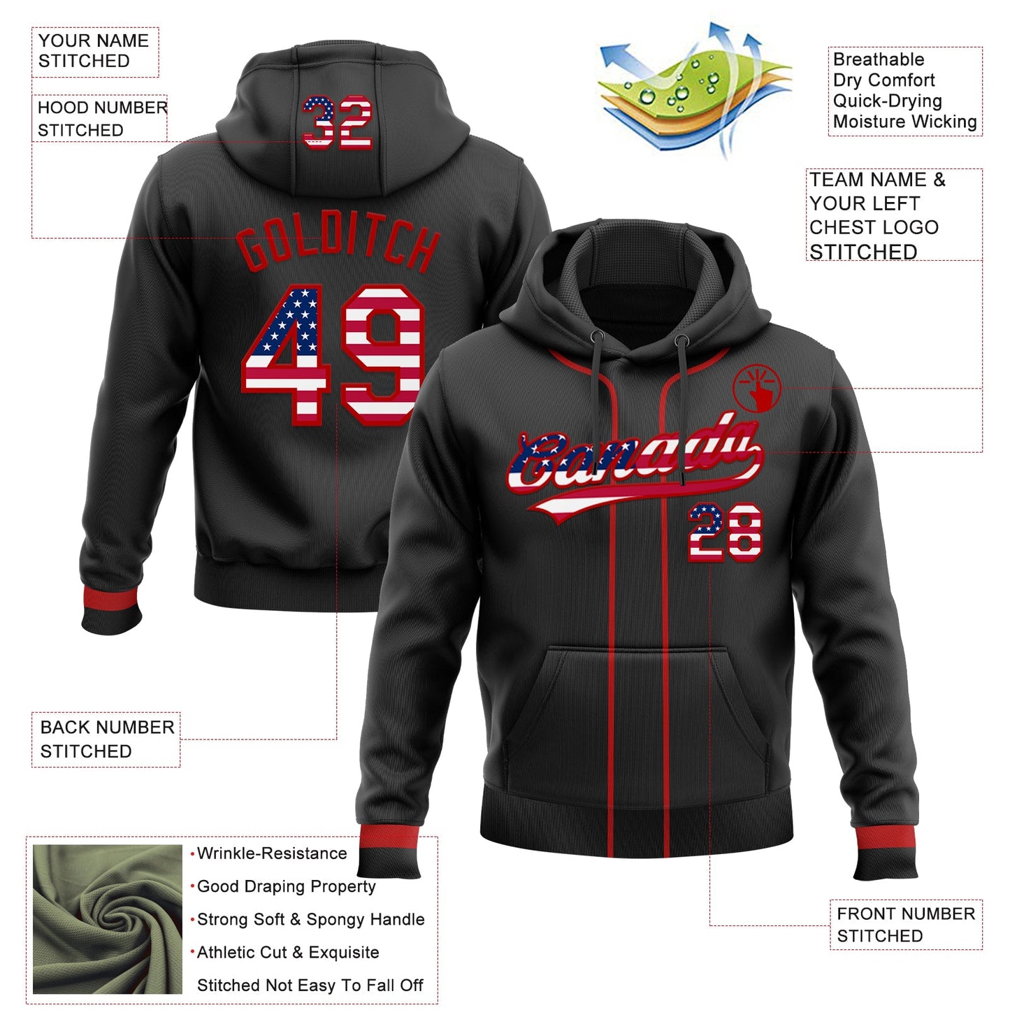 Custom Stitched Black USA Flag-Red Baseball Pullover Sweatshirt Hoodie view 2