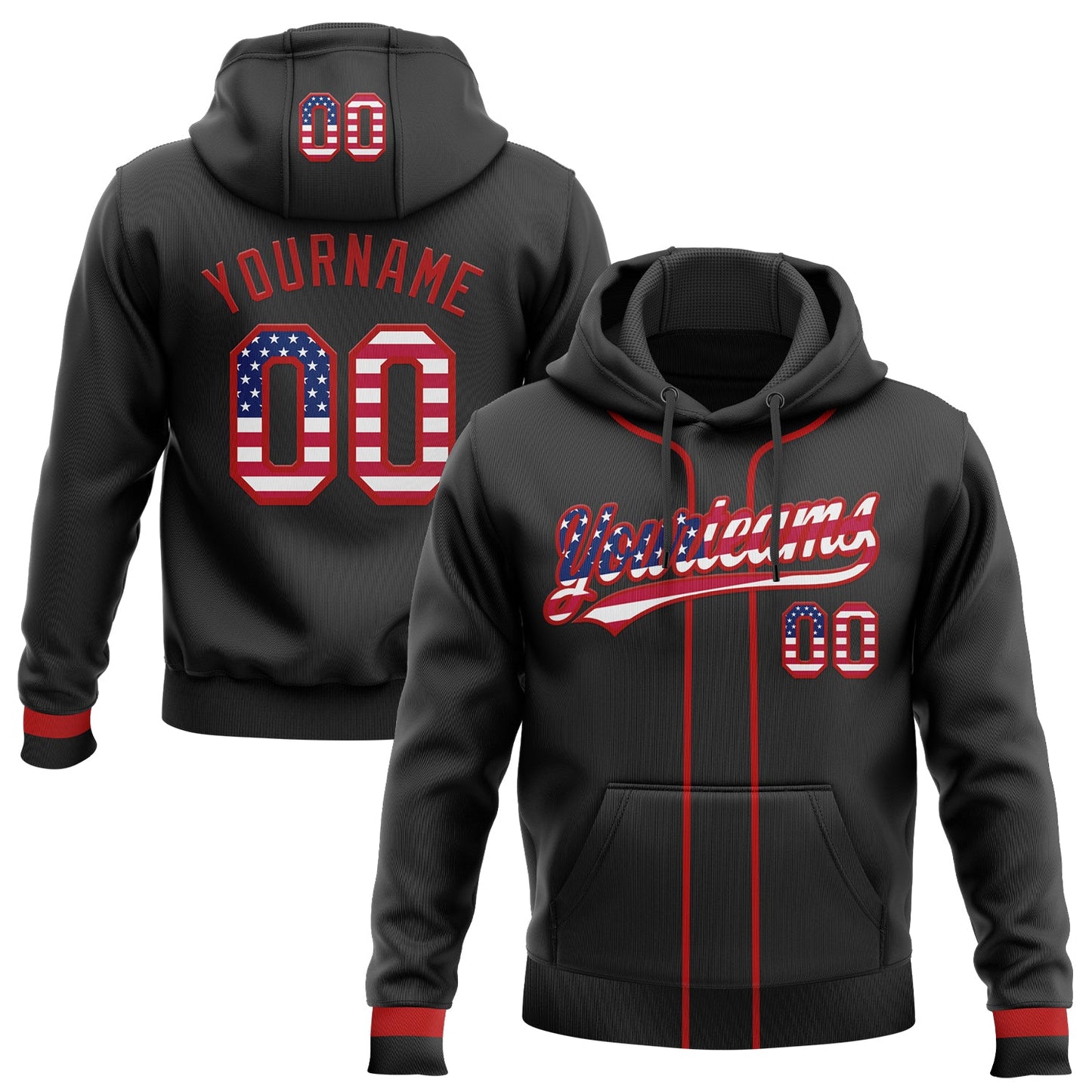 Custom Stitched Black USA Flag-Red Baseball Pullover Sweatshirt Hoodie - Main View