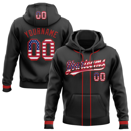 Custom Stitched Black USA Flag-Red Baseball Pullover Sweatshirt Hoodie - Main View