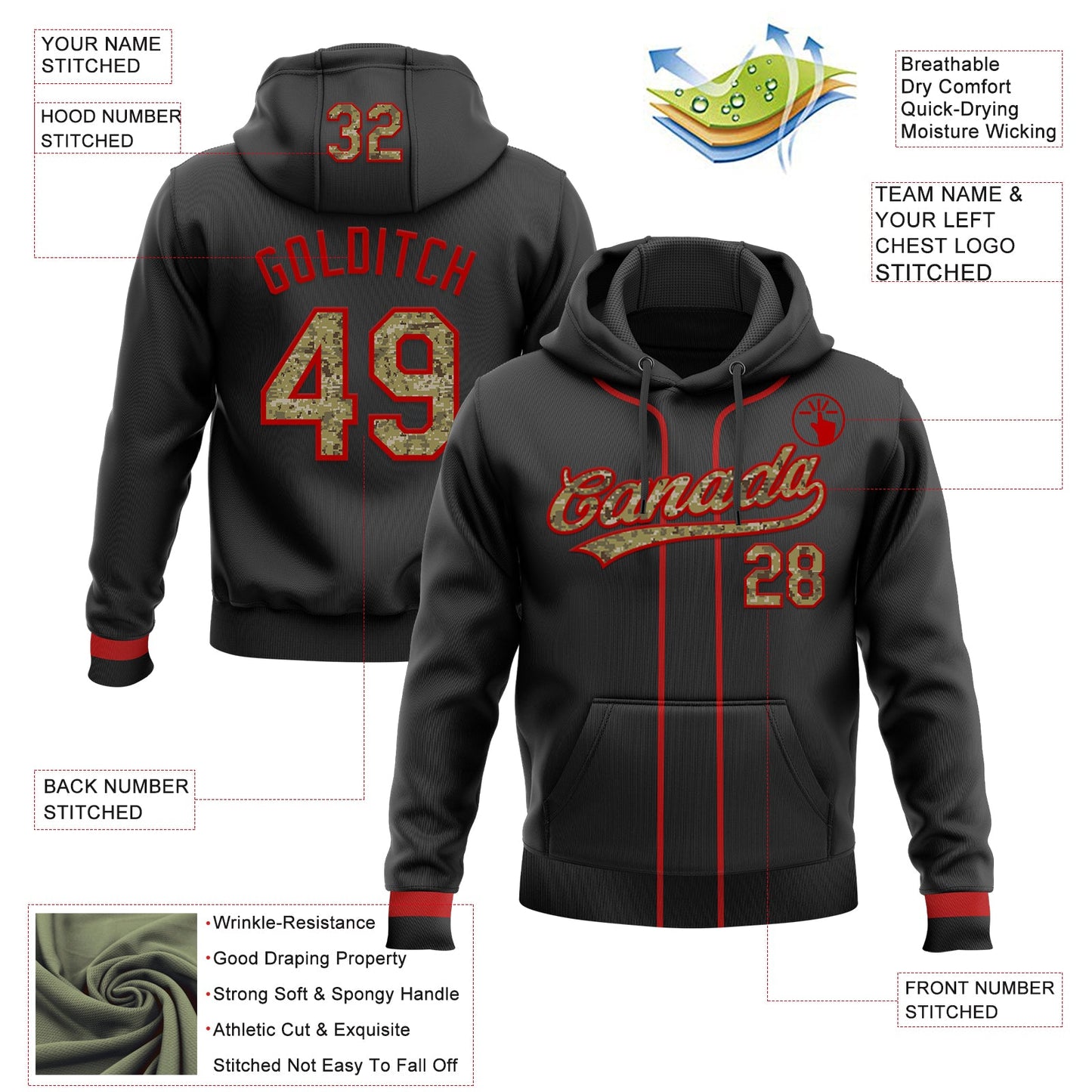 Custom Stitched Black Camo-Red Baseball Pullover Sweatshirt Hoodie view 2