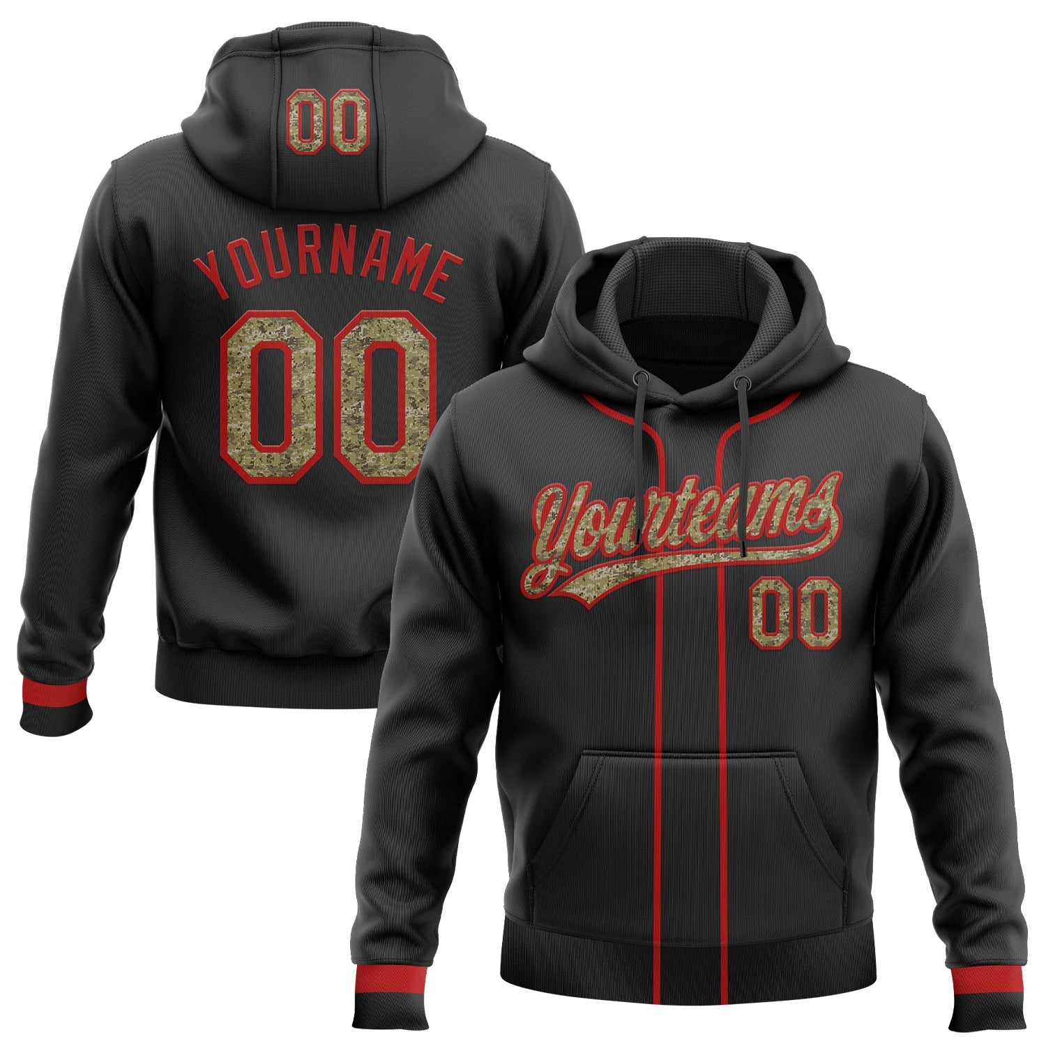 Custom Stitched Black Camo-Red Baseball Pullover Sweatshirt Hoodie - Main View