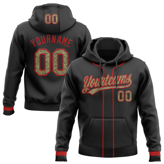 Custom Stitched Black Camo-Red Baseball Pullover Sweatshirt Hoodie - Main View