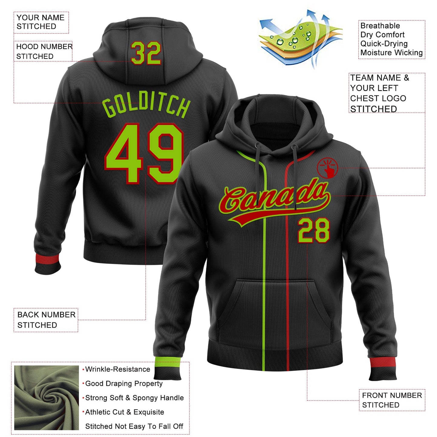 Custom Stitched Black Neon Green-Red Baseball Pullover Sweatshirt Hoodie view 2