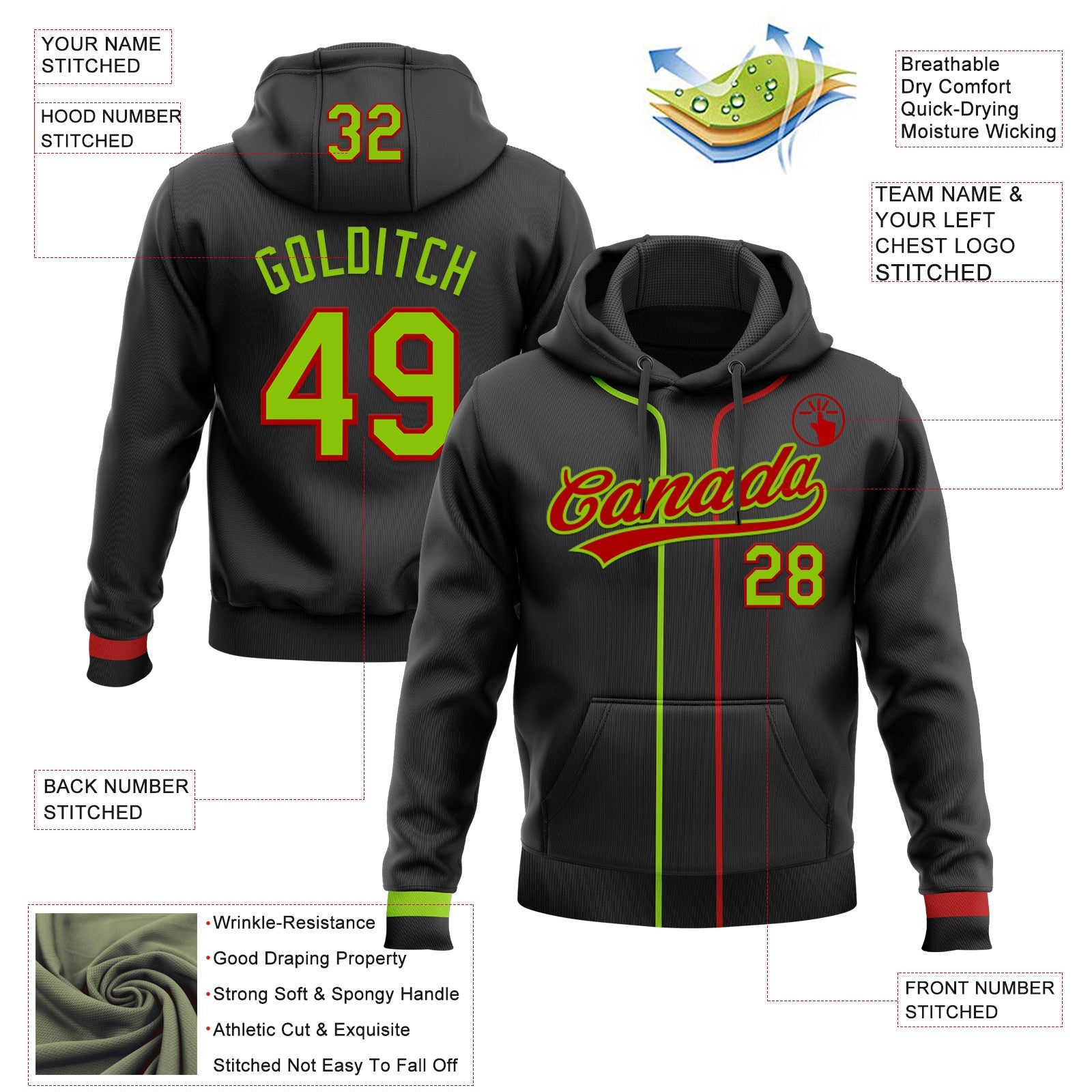 Custom Stitched Black Neon Green-Red Baseball Pullover Sweatshirt Hoodie view 2