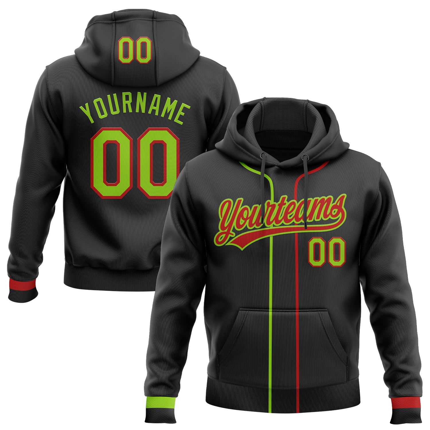 Custom Stitched Black Neon Green-Red Baseball Pullover Sweatshirt Hoodie - Main View