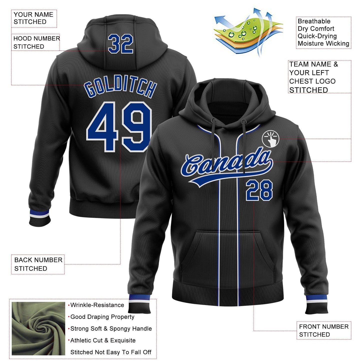 Custom Stitched Black Royal-White Baseball Pullover Sweatshirt Hoodie view 2