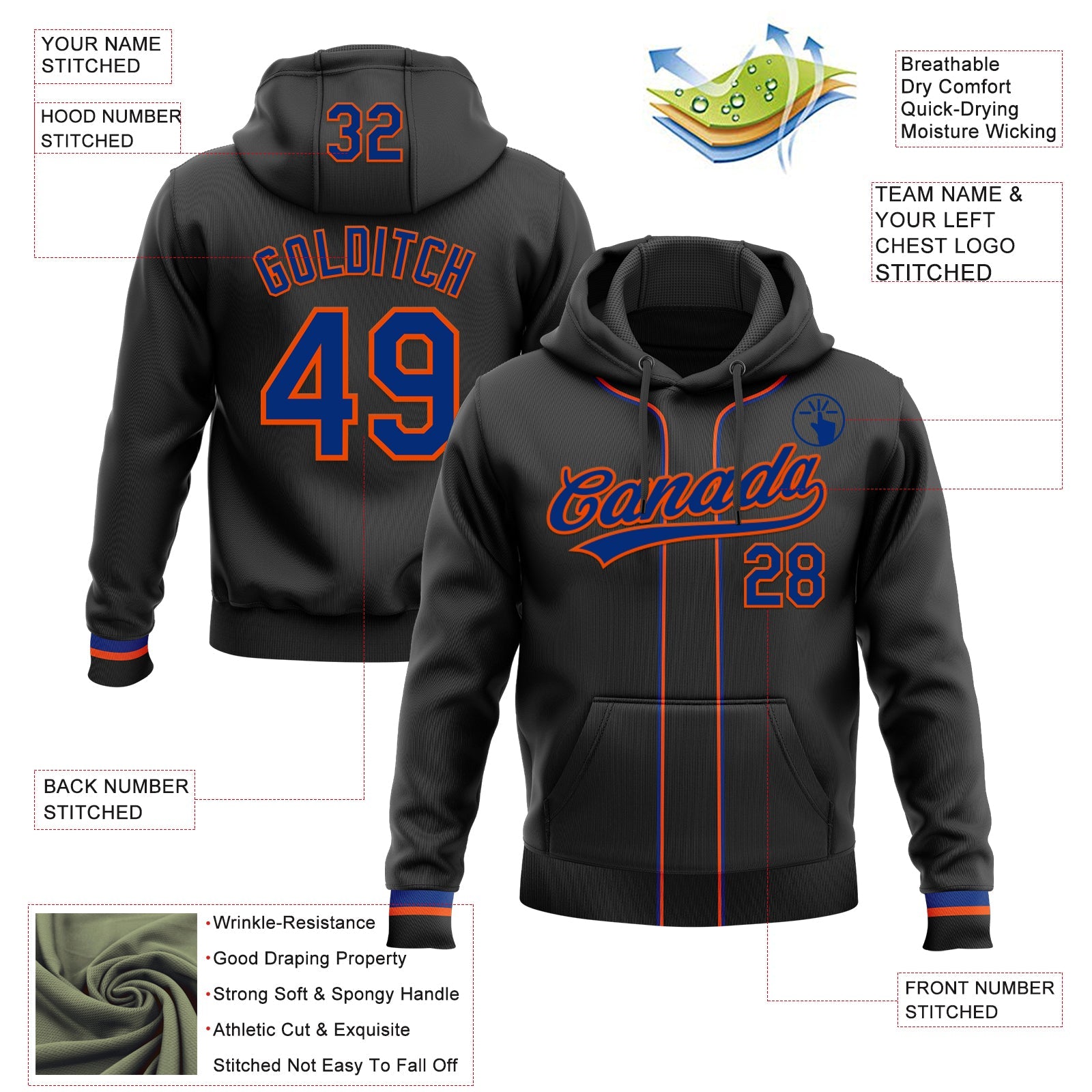Custom Stitched Black Royal-Orange Baseball Pullover Sweatshirt Hoodie view 2