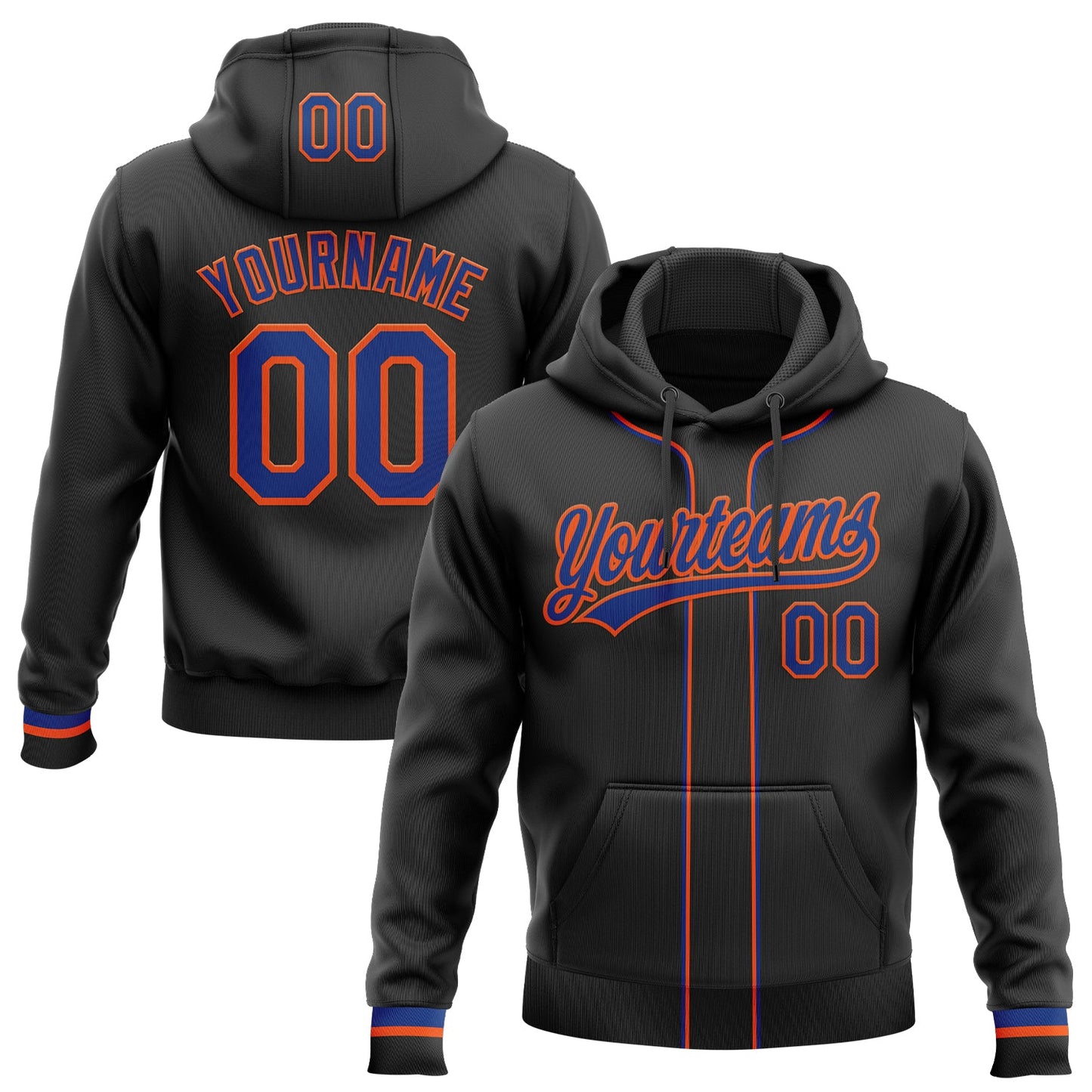 Custom Stitched Black Royal-Orange Baseball Pullover Sweatshirt Hoodie - Main View