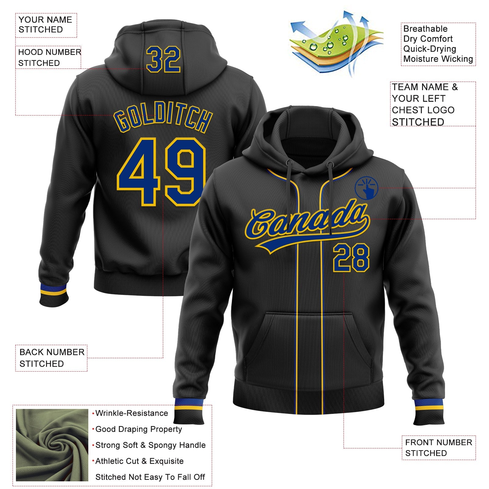 Custom Stitched Black Royal-Yellow Baseball Pullover Sweatshirt Hoodie view 2