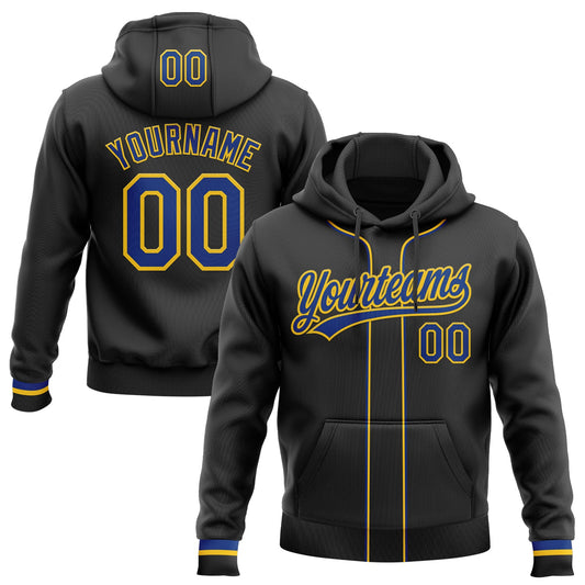 Custom Stitched Black Royal-Yellow Baseball Pullover Sweatshirt Hoodie - Main View