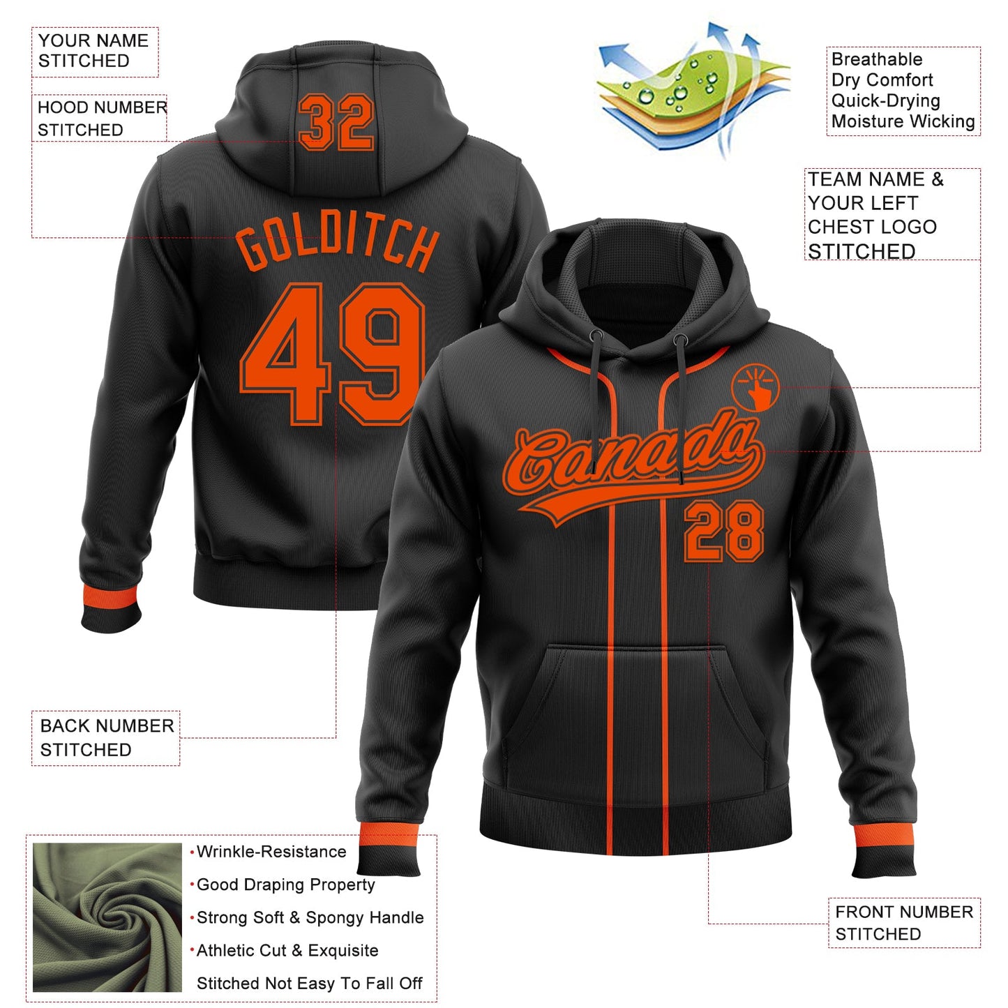 Custom Stitched Black Orange Baseball Pullover Sweatshirt Hoodie view 2