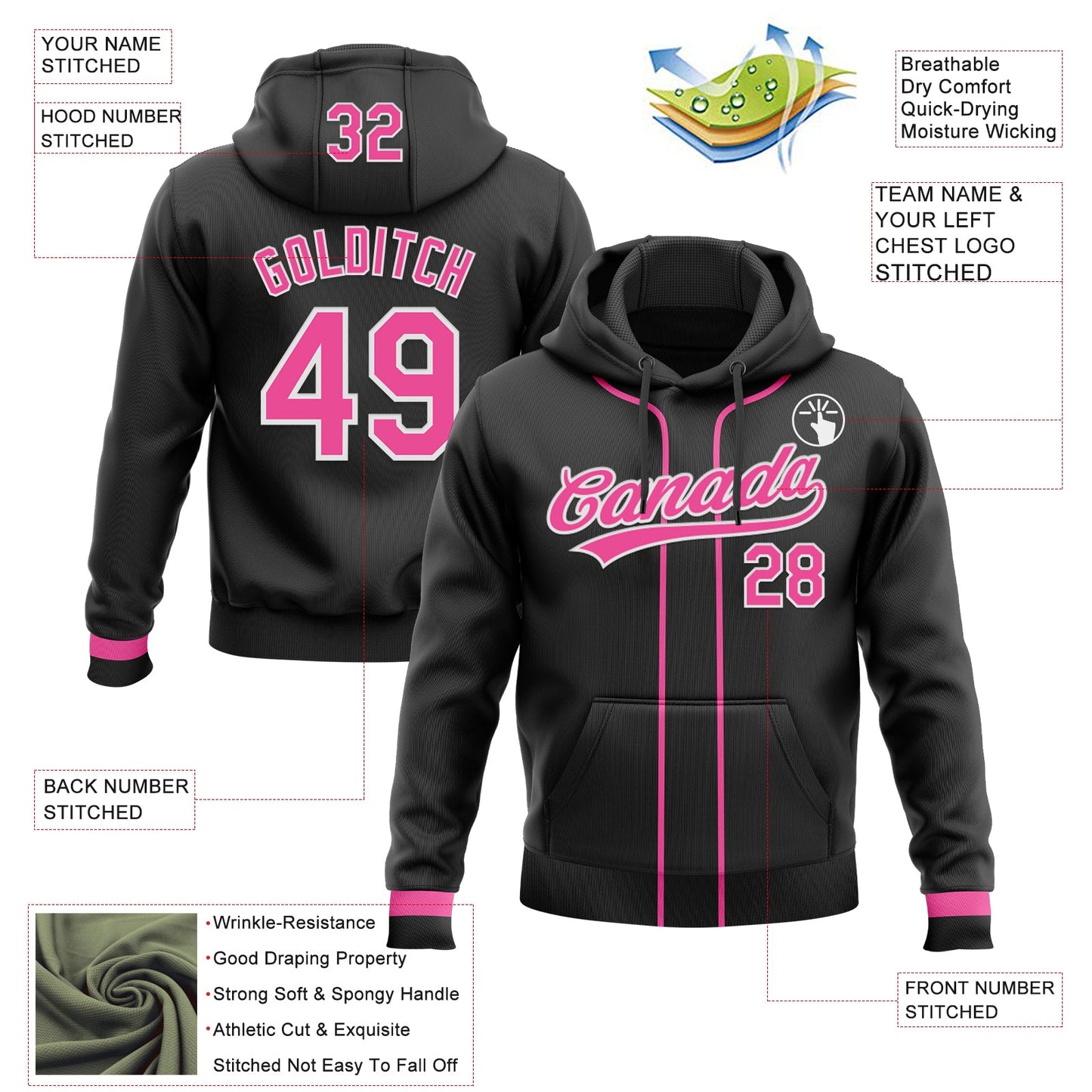 Custom Stitched Black Pink-White Baseball Pullover Sweatshirt Hoodie view 2