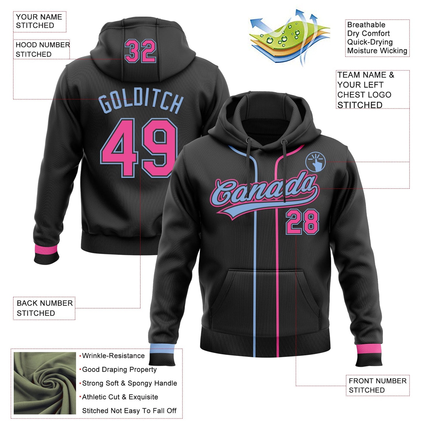 Custom Stitched Black Pink-Light Blue Baseball Pullover Sweatshirt Hoodie view 2