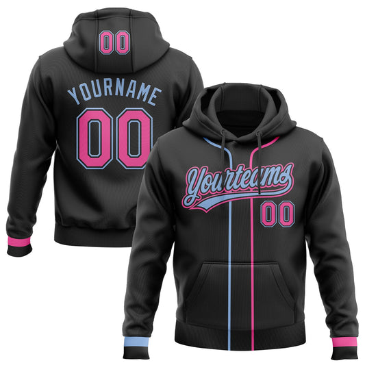 Custom Stitched Black Pink-Light Blue Baseball Pullover Sweatshirt Hoodie - Main View