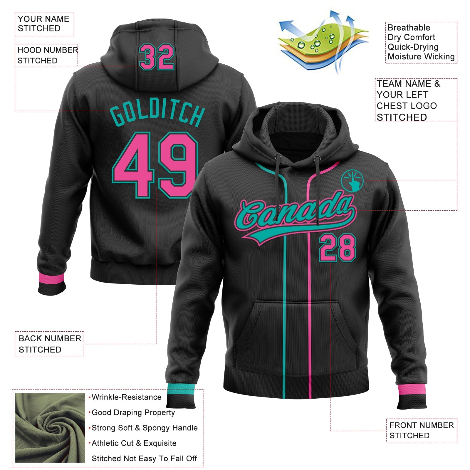 Custom Stitched Black Pink-Aqua Baseball Pullover Sweatshirt Hoodie view 2