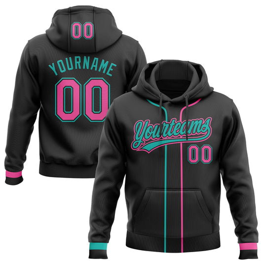 Custom Stitched Black Pink-Aqua Baseball Pullover Sweatshirt Hoodie - Main View