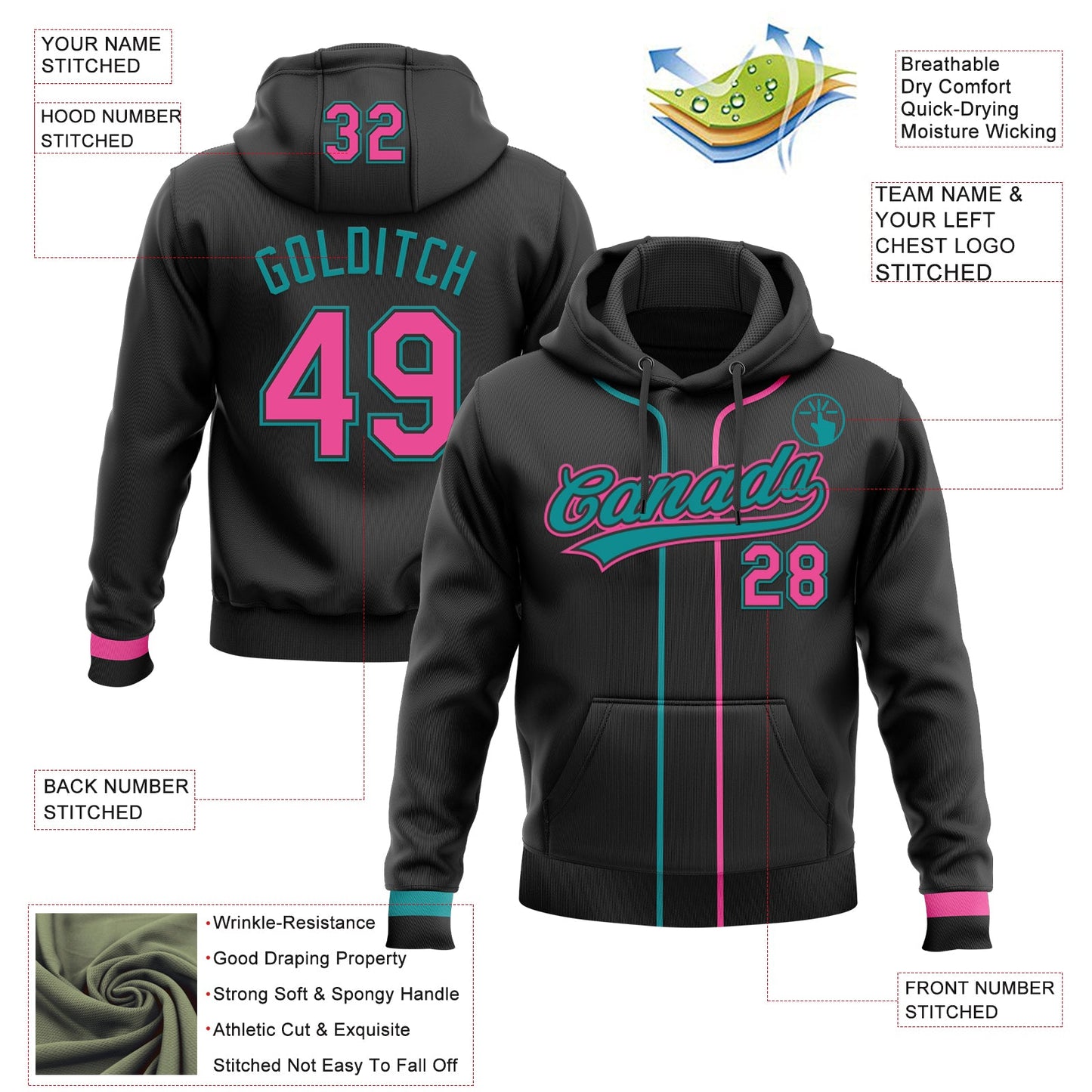 Custom Stitched Black Pink-Teal Baseball Pullover Sweatshirt Hoodie view 2
