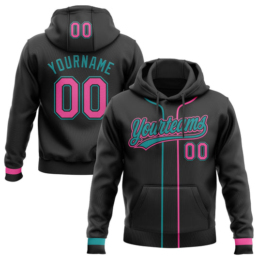 Custom Stitched Black Pink-Teal Baseball Pullover Sweatshirt Hoodie - Main View