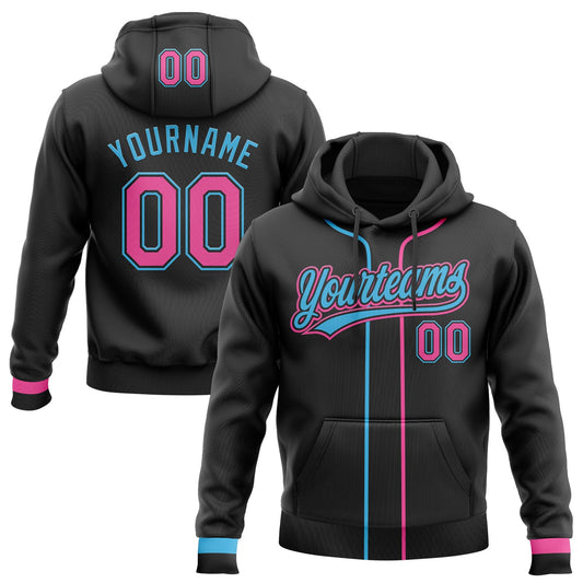 Custom Stitched Black Pink-Sky Blue Baseball Pullover Sweatshirt Hoodie - Main View