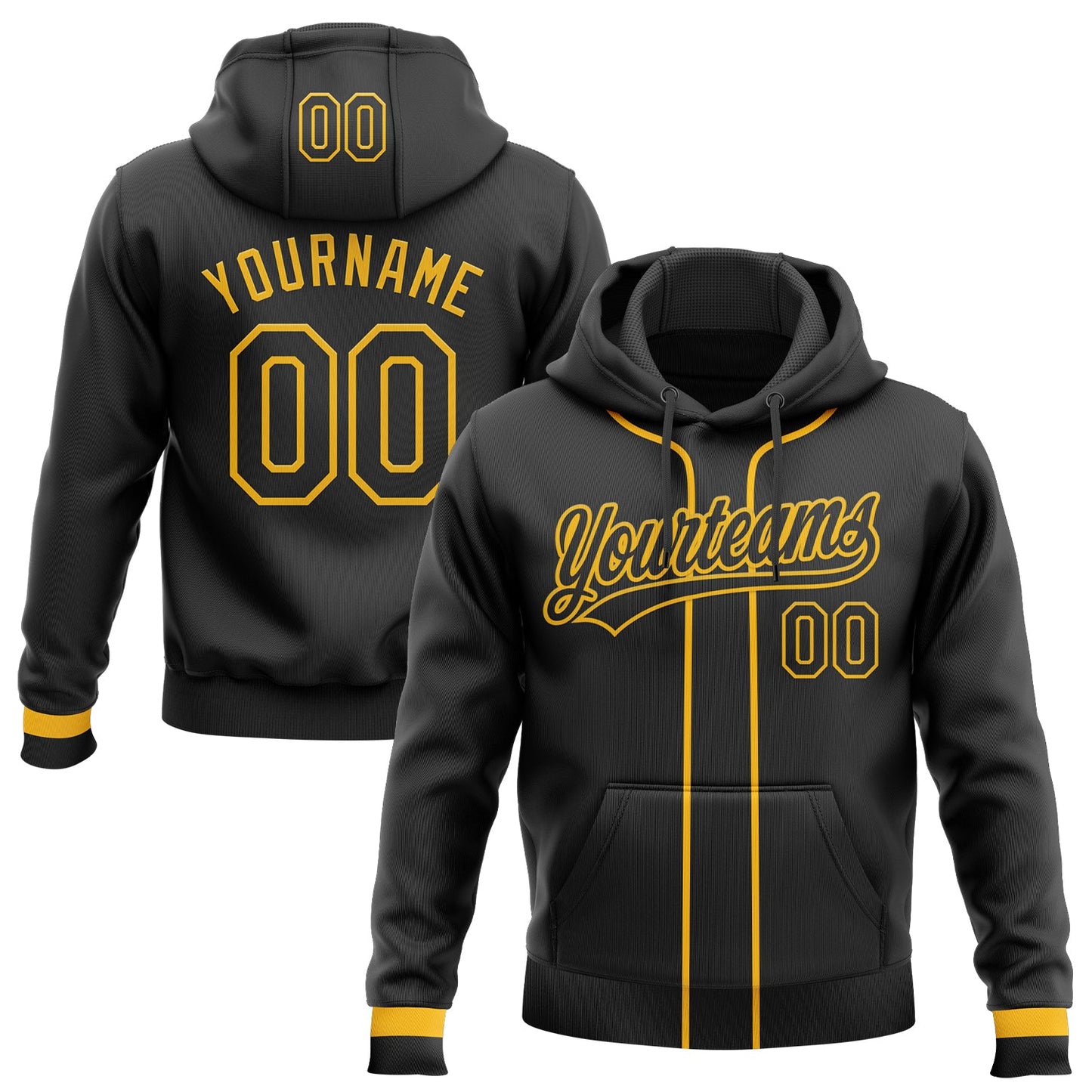 Custom Stitched Black Gold Baseball Pullover Sweatshirt Hoodie - Main View
