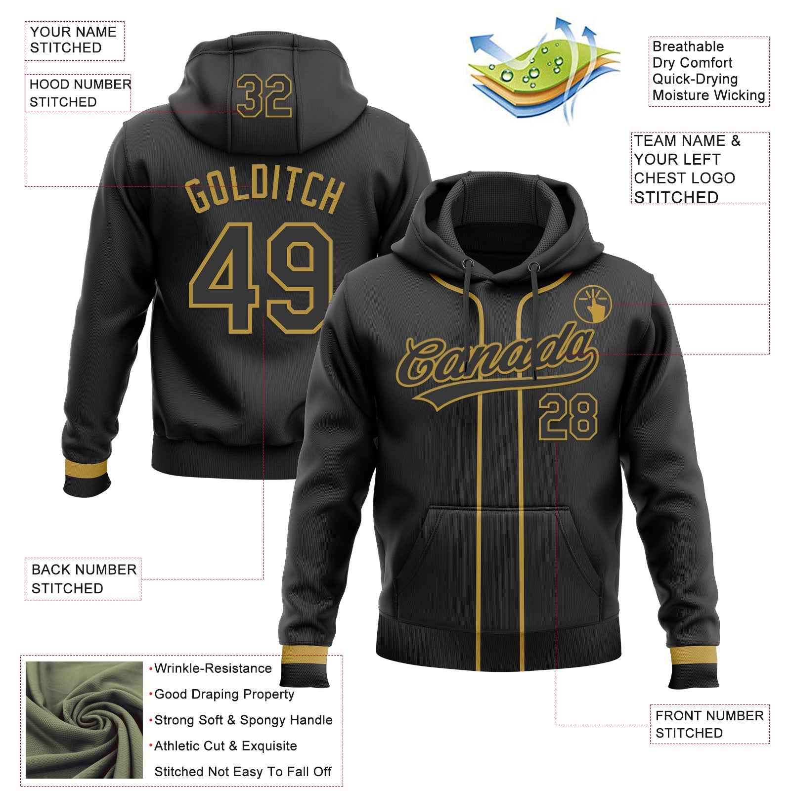 Custom Stitched Black Old Gold Baseball Pullover Sweatshirt Hoodie view 2