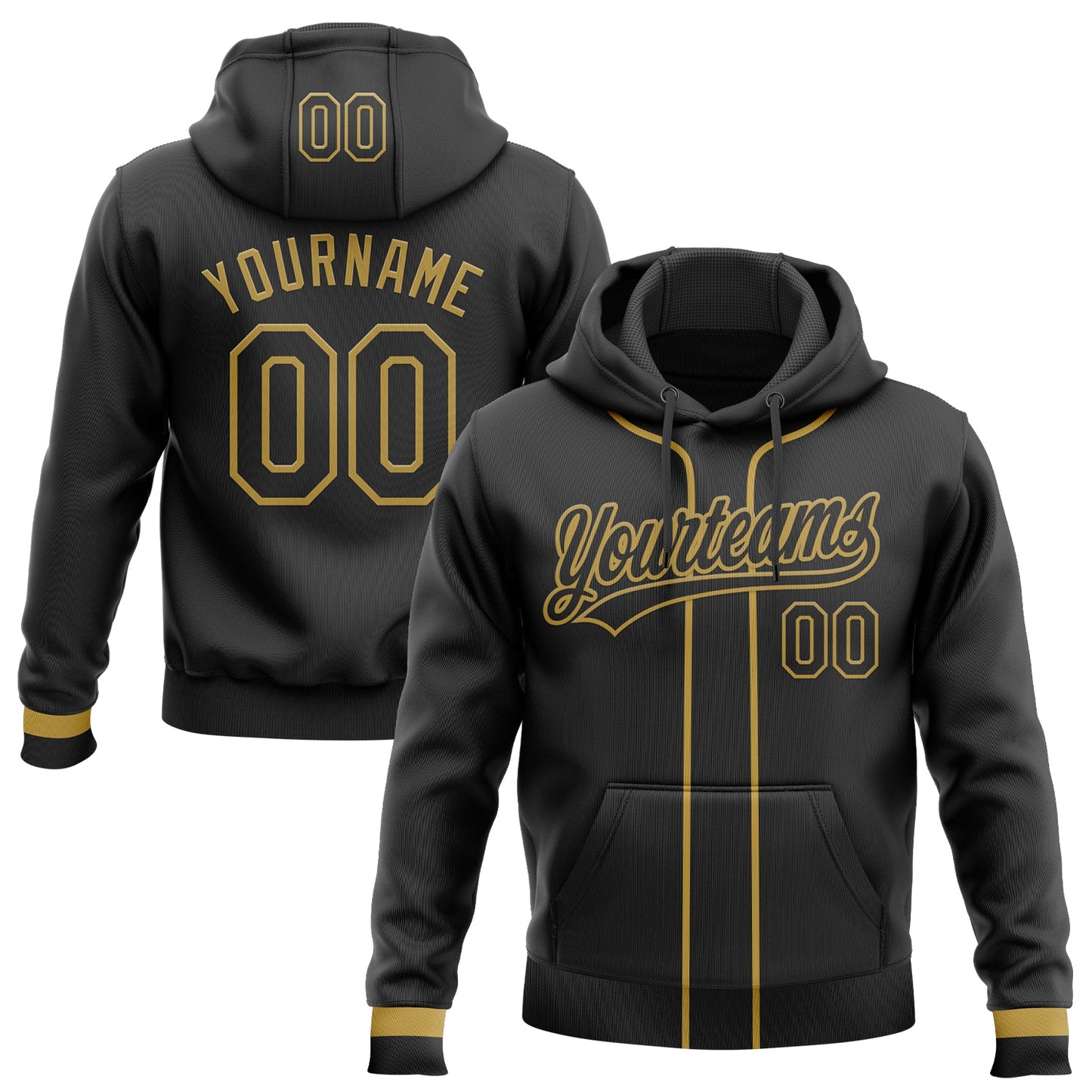 Custom Stitched Black Old Gold Baseball Pullover Sweatshirt Hoodie - Main View