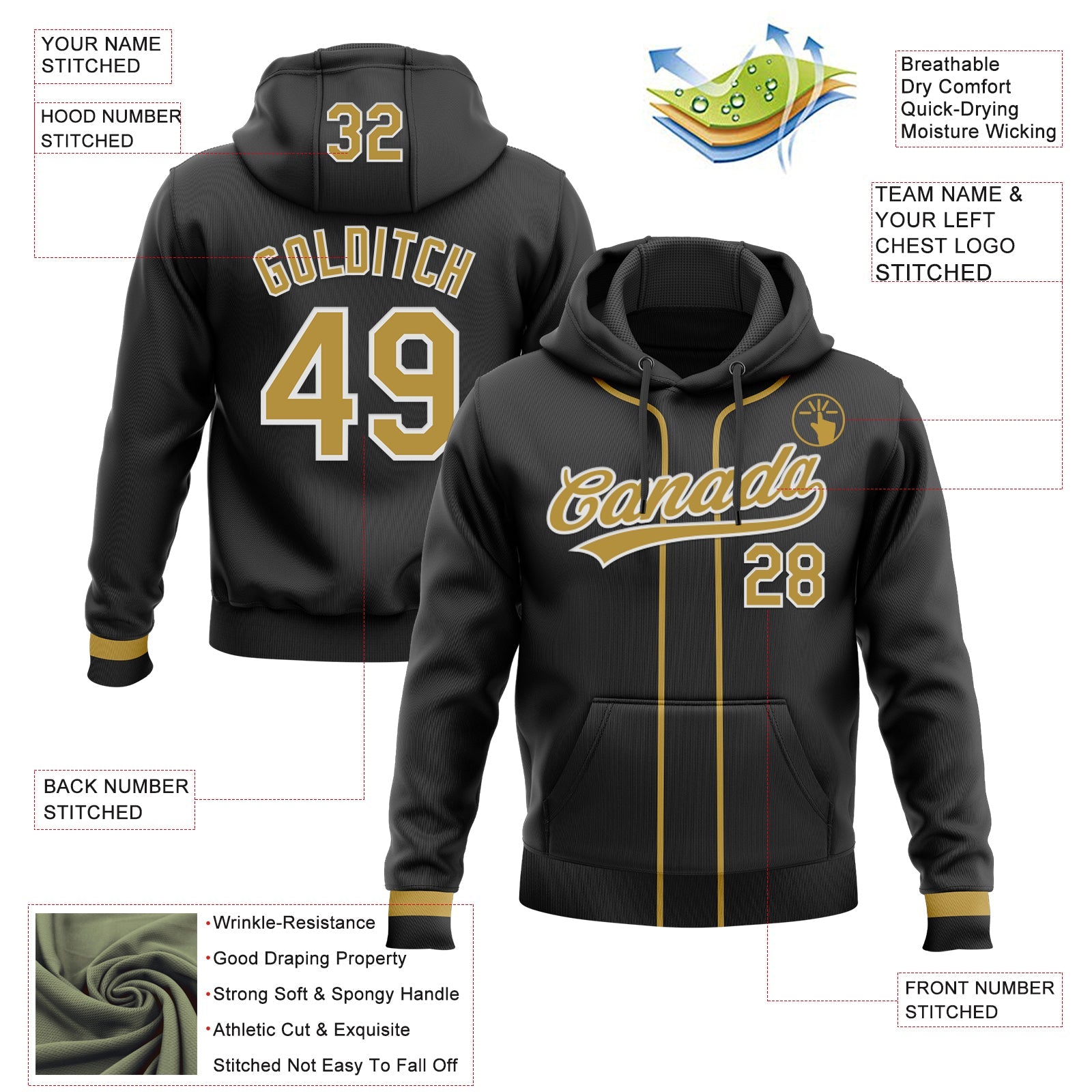 Custom Stitched Black Old Gold-White Baseball Pullover Sweatshirt Hoodie view 2