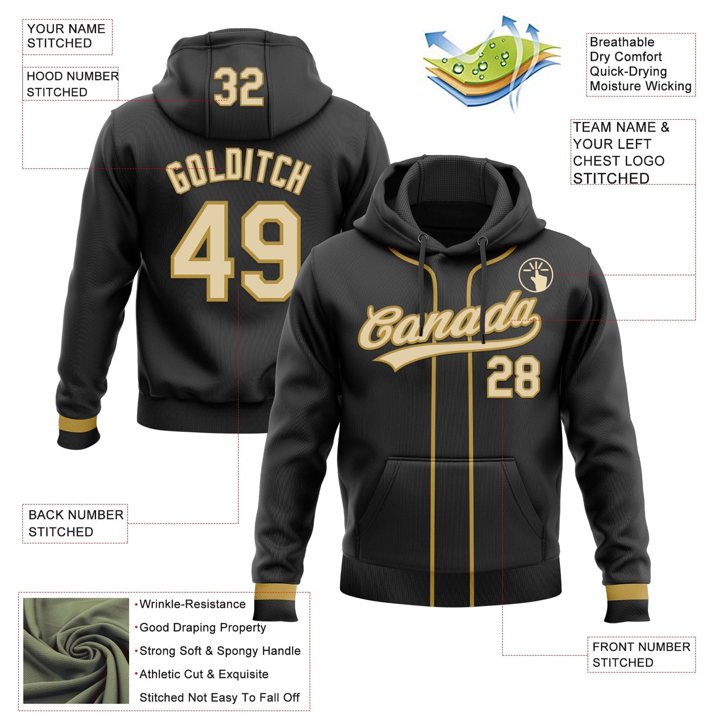 Custom Stitched Black Cream-Old Gold Baseball Pullover Sweatshirt Hoodie view 2