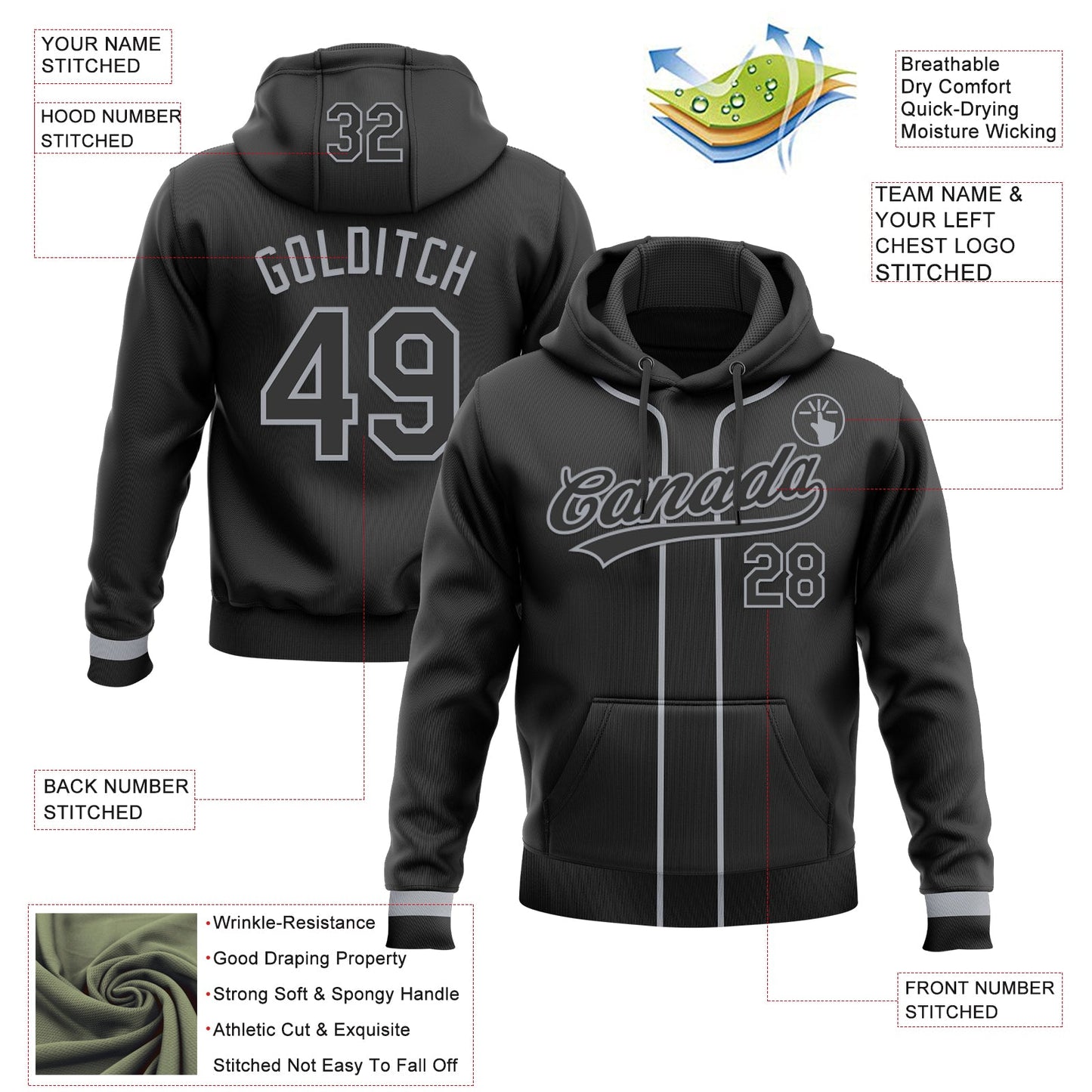 Custom Stitched Black Gray Baseball Pullover Sweatshirt Hoodie view 2