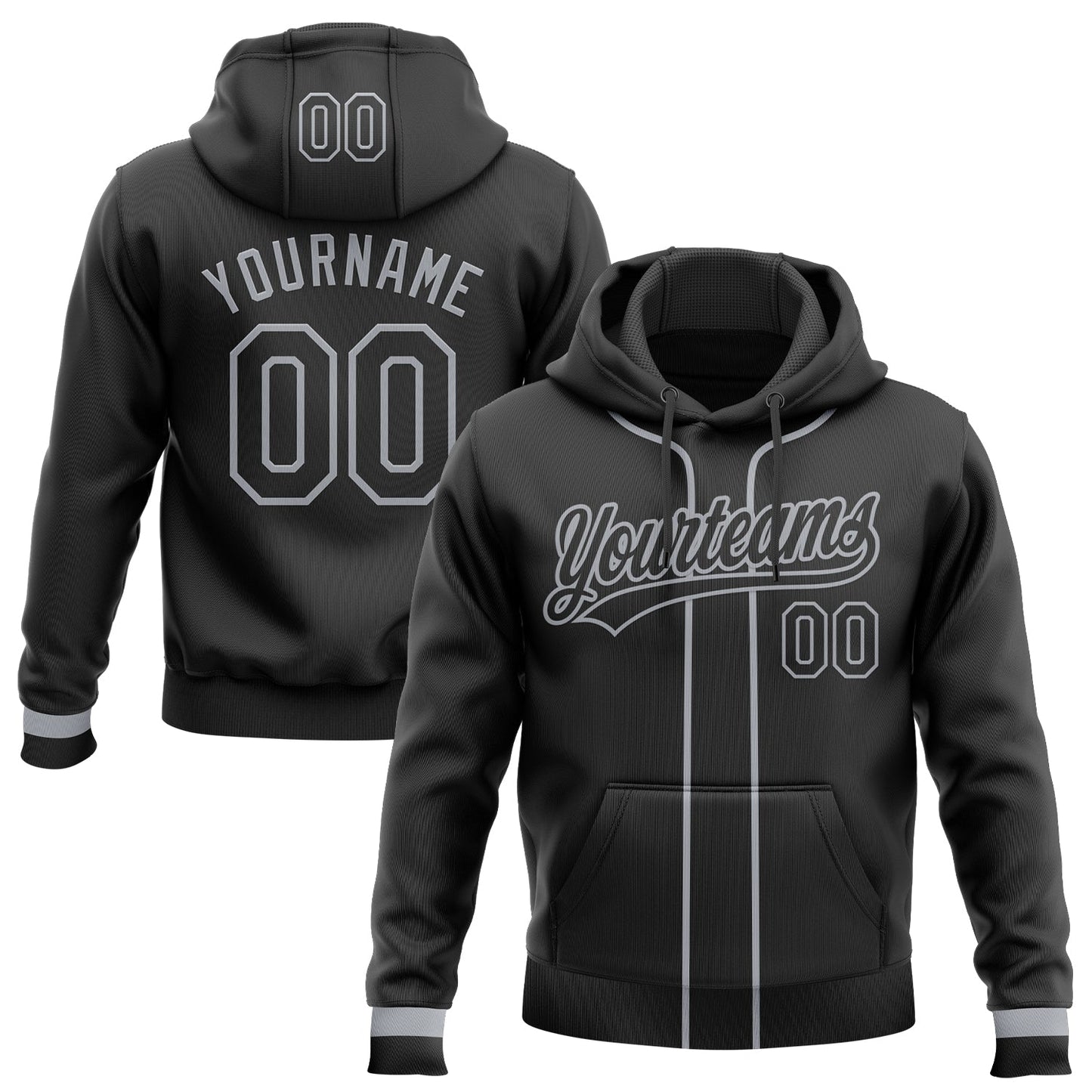 Custom Stitched Black Gray Baseball Pullover Sweatshirt Hoodie - Main View