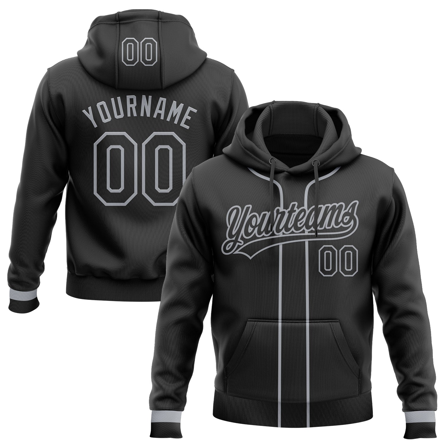 Custom Stitched Black Gray Baseball Pullover Sweatshirt Hoodie - Main View