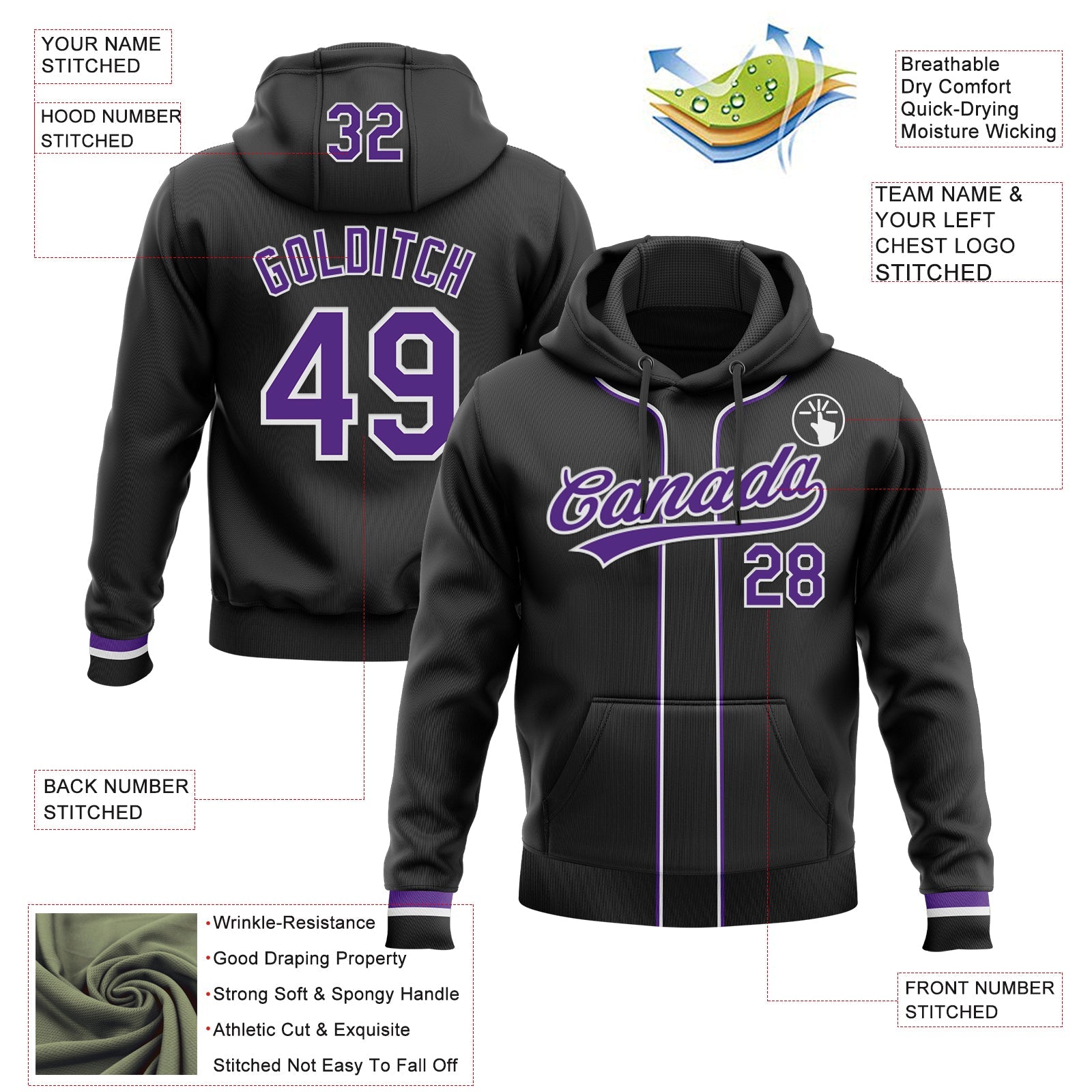Custom Stitched Black Purple-White Baseball Pullover Sweatshirt Hoodie view 2