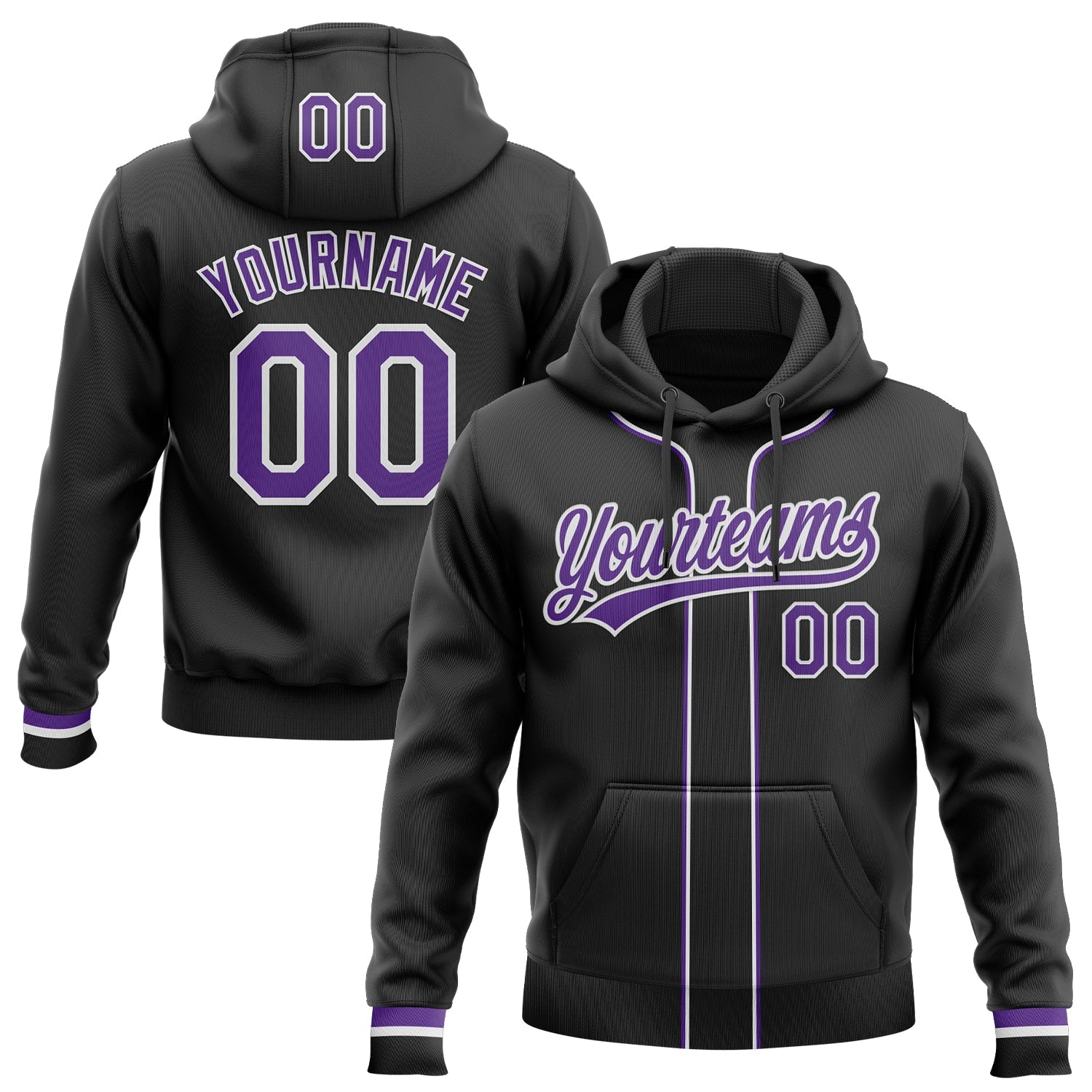 Custom Stitched Black Purple-White Baseball Pullover Sweatshirt Hoodie - Main View