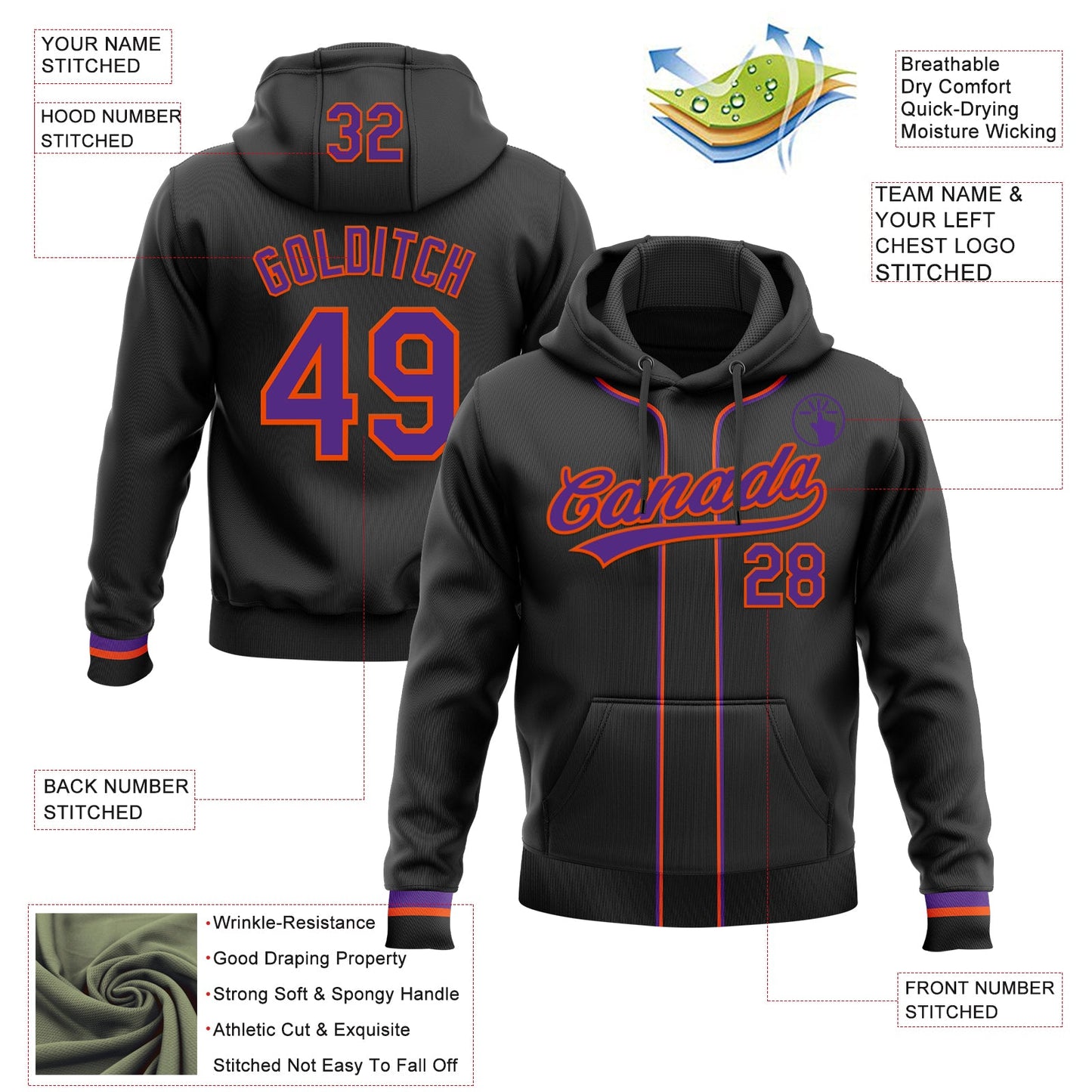 Custom Stitched Black Purple-Orange Baseball Pullover Sweatshirt Hoodie view 2