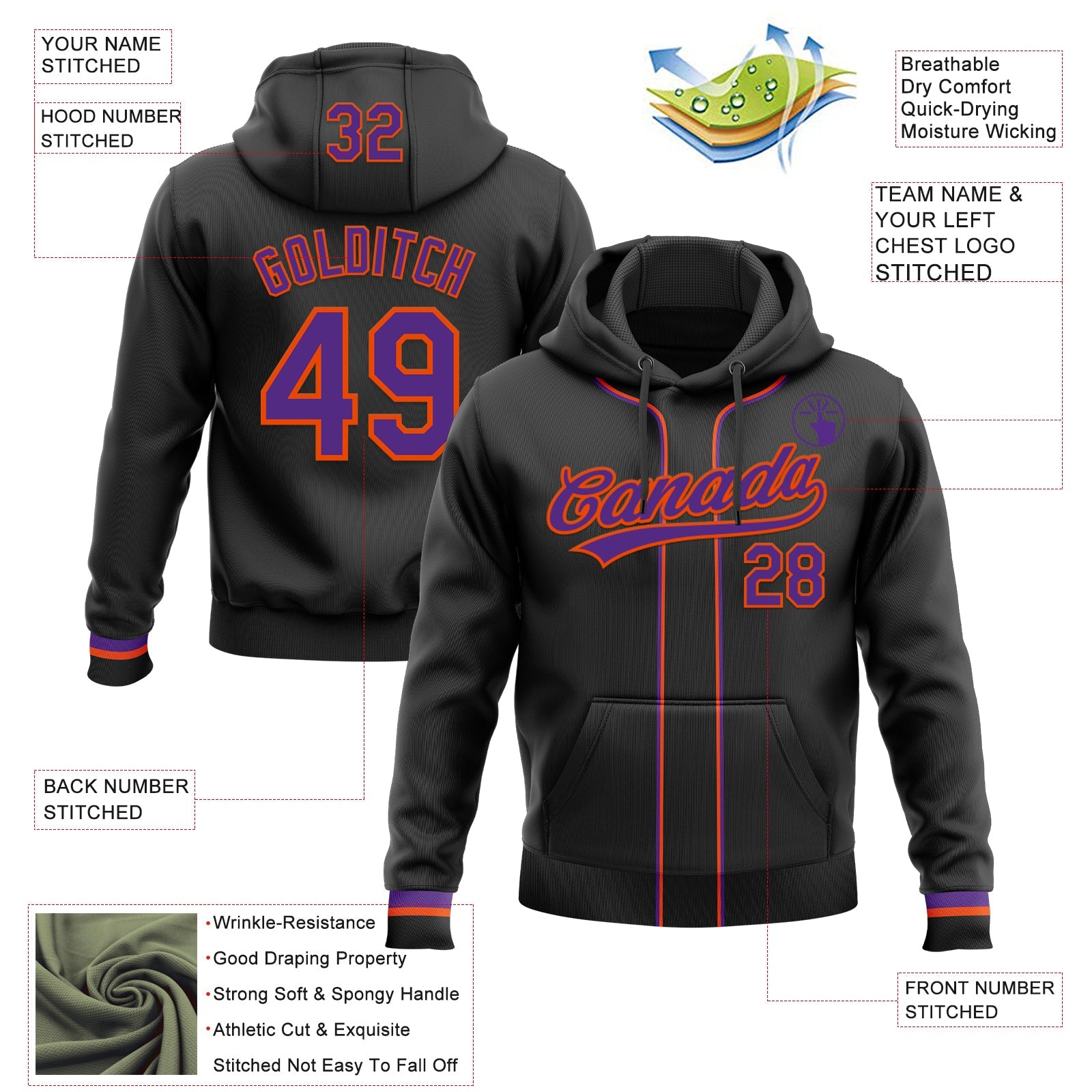 Custom Stitched Black Purple-Orange Baseball Pullover Sweatshirt Hoodie view 2