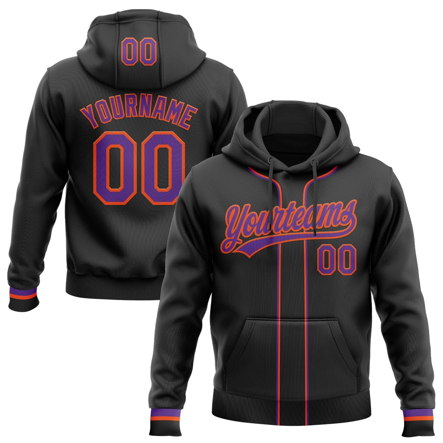 Custom Stitched Black Purple-Orange Baseball Pullover Sweatshirt Hoodie - Main View