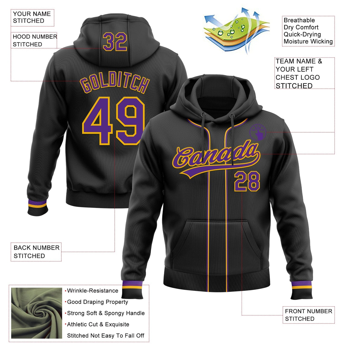 Custom Stitched Black Purple-Gold Baseball Pullover Sweatshirt Hoodie view 2