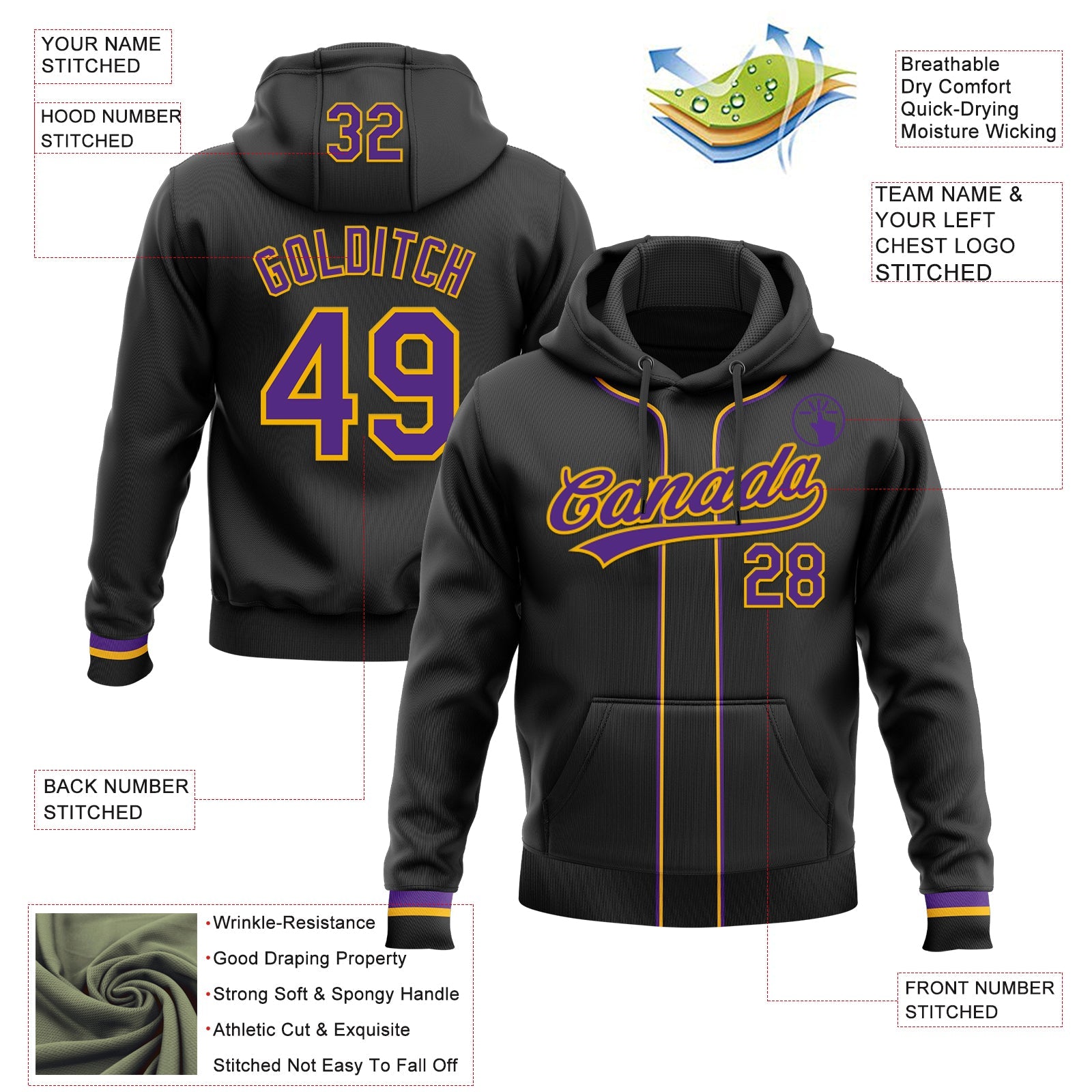 Custom Stitched Black Purple-Gold Baseball Pullover Sweatshirt Hoodie view 2