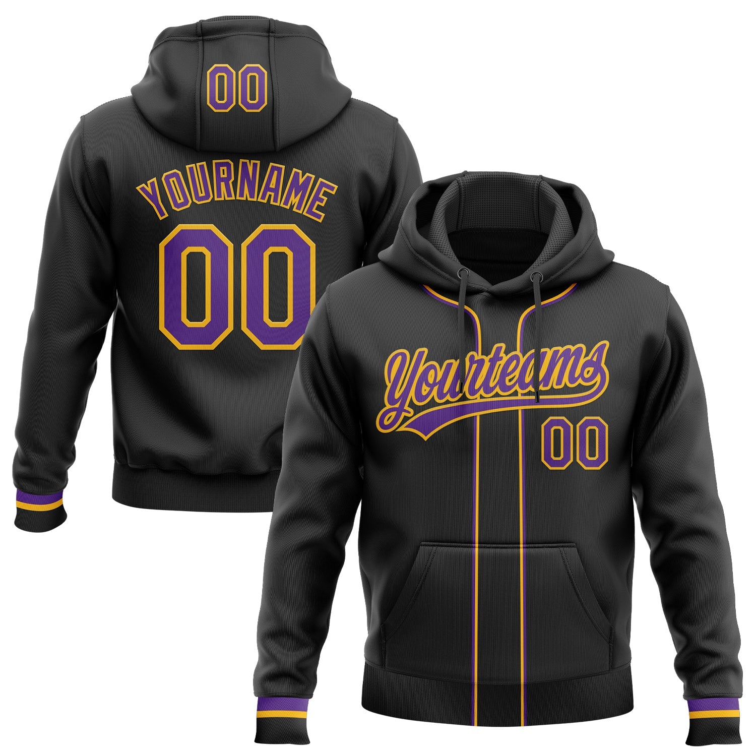 Custom Stitched Black Purple-Gold Baseball Pullover Sweatshirt Hoodie - Main View