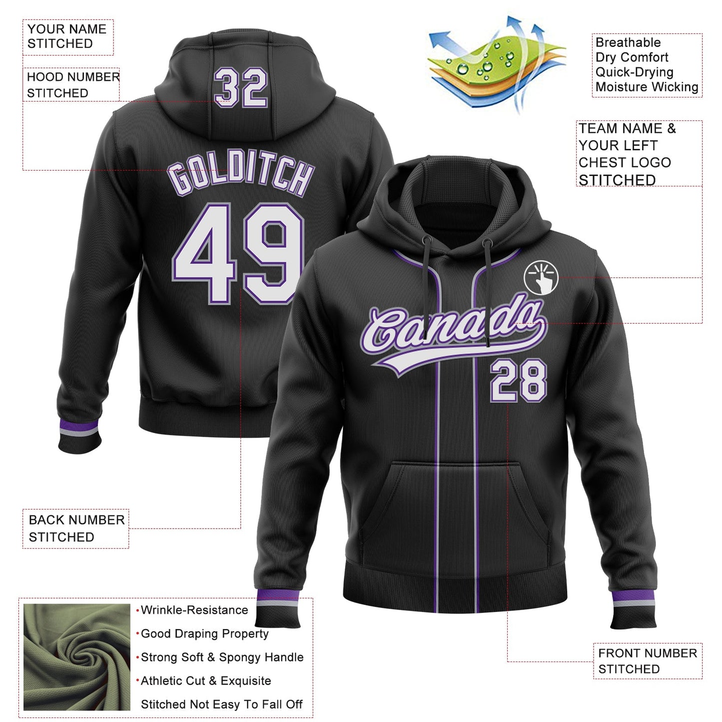 Custom Stitched Black White Purple-Gray Baseball Pullover Sweatshirt Hoodie view 2