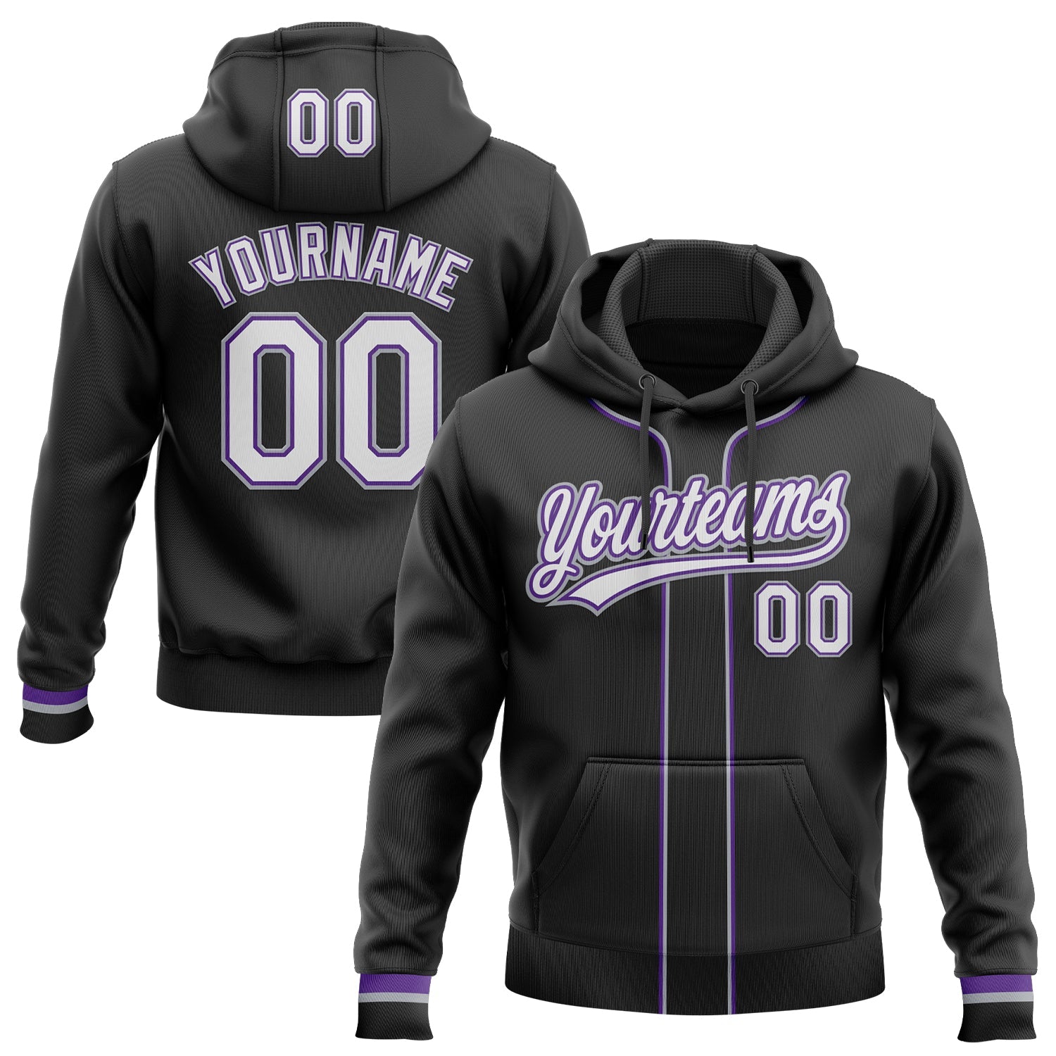 Custom Stitched Black White Purple-Gray Baseball Pullover Sweatshirt Hoodie - Main View